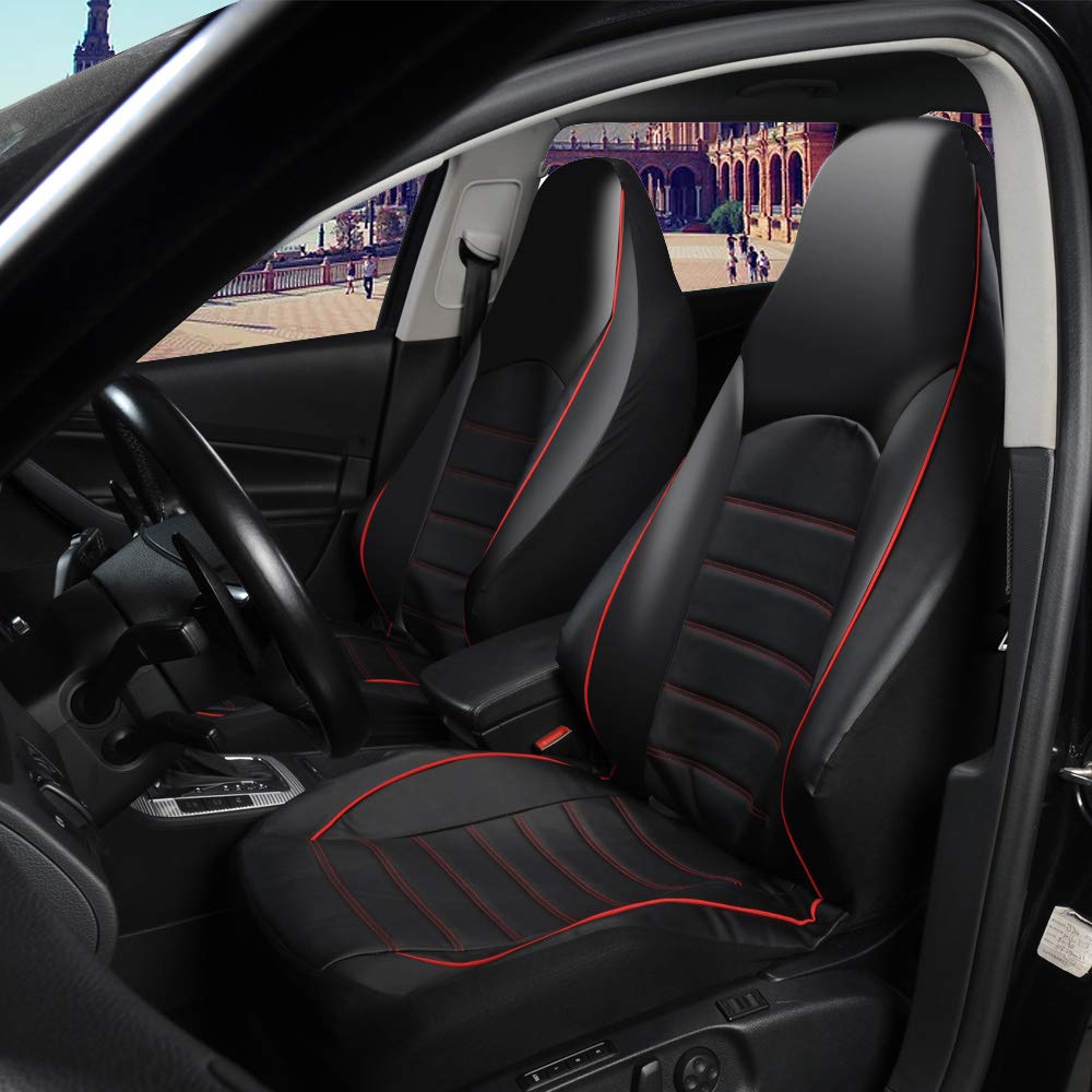 Premium PU Leather Car Seat Covers - Universal Fit for Most Cars, Trucks & SUVs | High Back Bucket Design with Red Trim | 2-Piece Set for All Seasons | Perfect for Daily Commute, Road Trips & Vehicle Protection