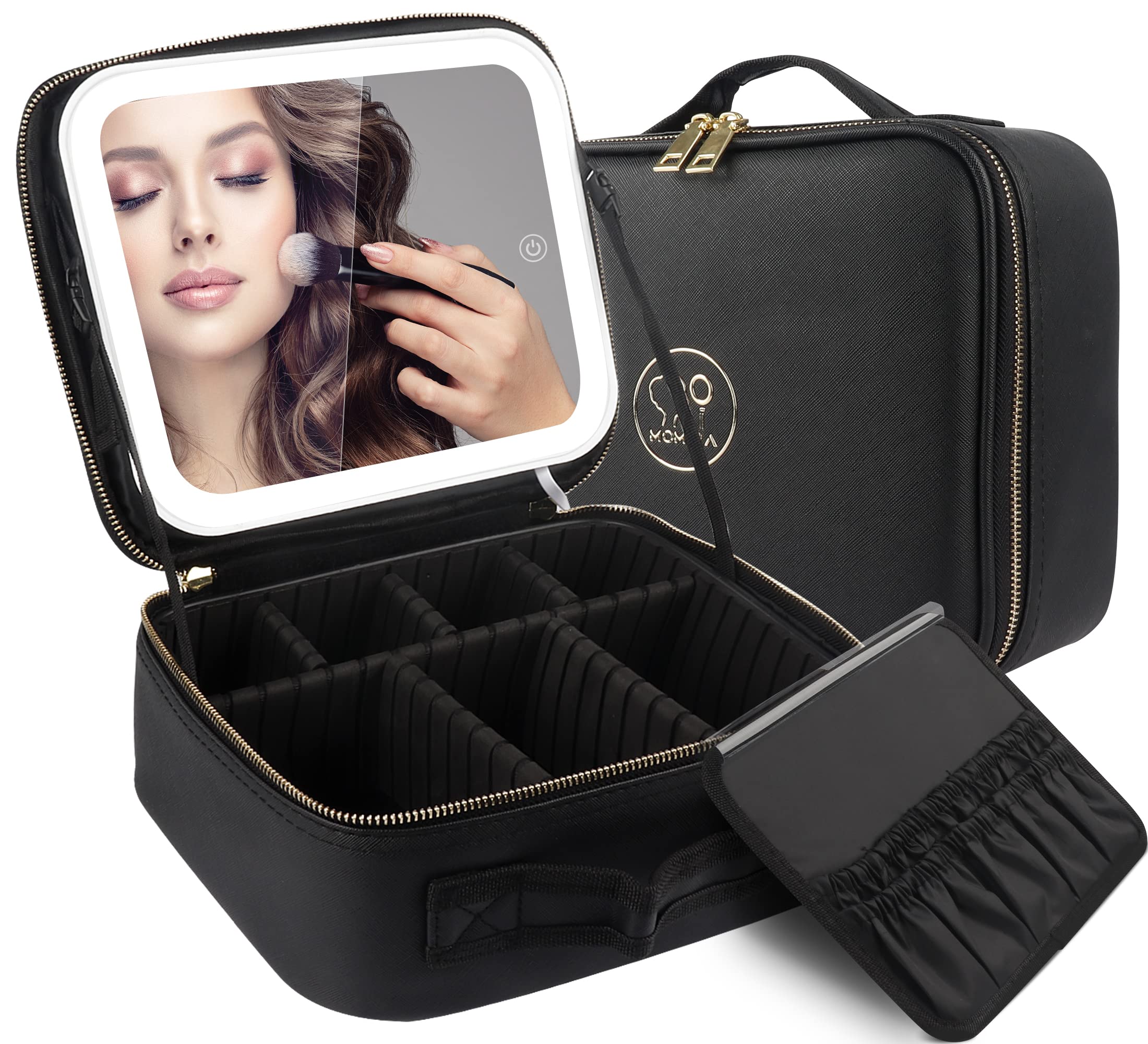 Portable Travel Makeup Bag with Mirror & LED Light - Professional Cosmetic Organizer Case with Adjustable Dividers for Brushes & Makeup Tools | Perfect for Artists, Travel & Daily Use | Black