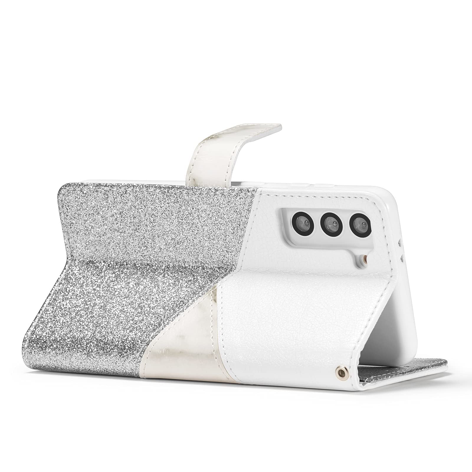 Premium Bling Glitter PU Leather Wallet Case for Samsung Galaxy S22 - Ceramic Pattern Soft TPU Folio Flip Cover with Card Slots (White) | Perfect for Everyday Use, Travel & Business Meetings