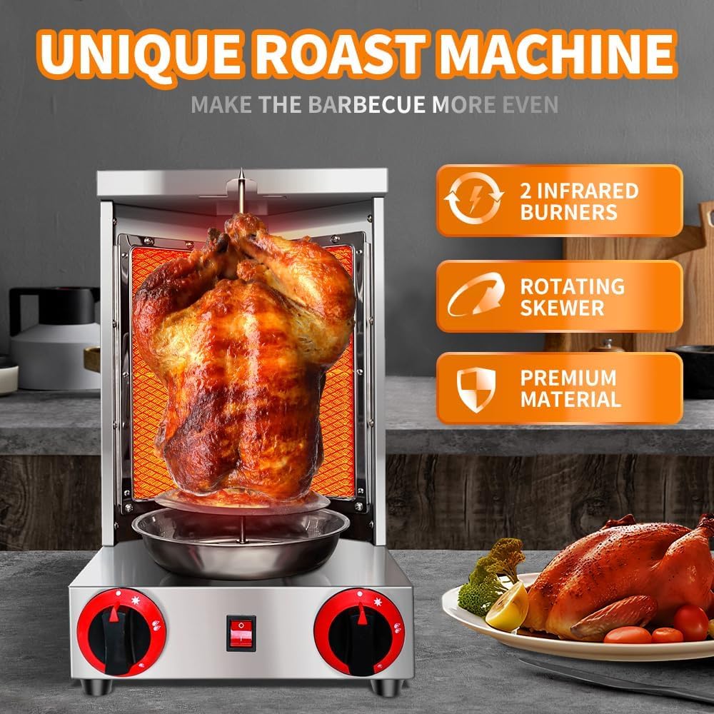Li Zhen Commercial Gas Vertical Shawarma Doner Kebab Grill Machine - 2 Burner Propane Rotisserie Broiler with Meat Catch Pan (Patented) for Restaurants, Food Trucks & Catering Events