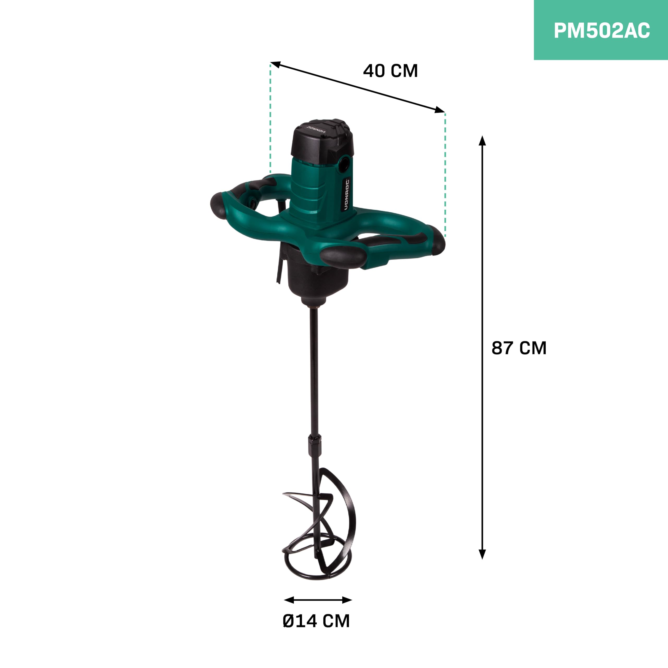 VONROC 1800W Paint & Cement Mixer - 2 Speed Settings, Soft Start, Constant Speed Electronics - 3m Rubber Cable, 140x600mm Mixer Included - Perfect for DIY Home Renovation & Construction Projects