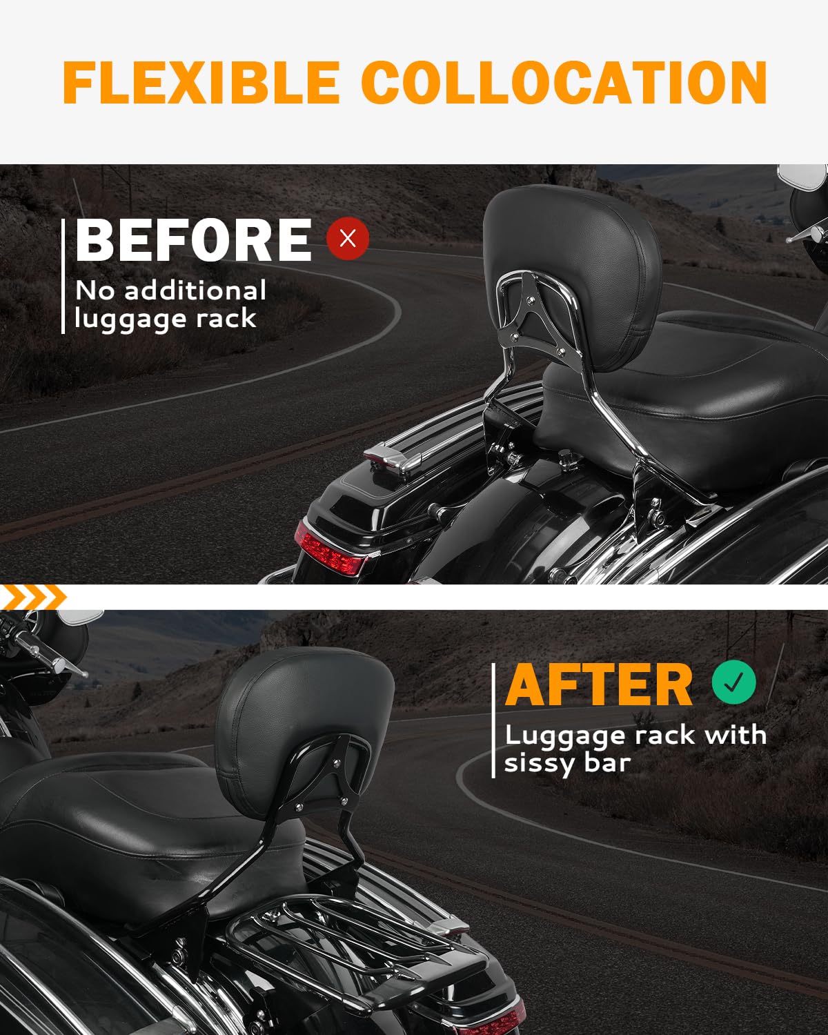 PBYMT Gloss Black Detachable Two-Up Mounting Luggage Rack for Harley Touring Street Glide Road King Electra Glide 2009-2024 (Vivid Black) - Perfect for Long Rides, Road Trips & Motorcycle Touring Accessories