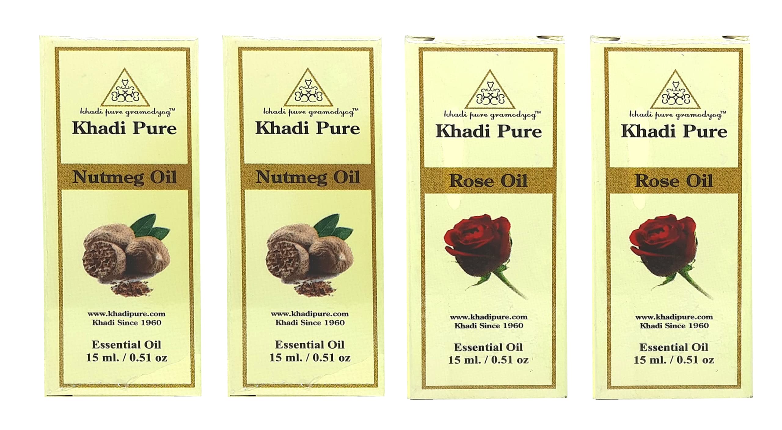 Khadi Pure Rose & Nutmeg Essential Oil - 15ml (Pack of 4) for Aromatherapy, Massage & Skin Care | 100% Natural Therapeutic Grade Essential Oils for Relaxation & Stress Relief