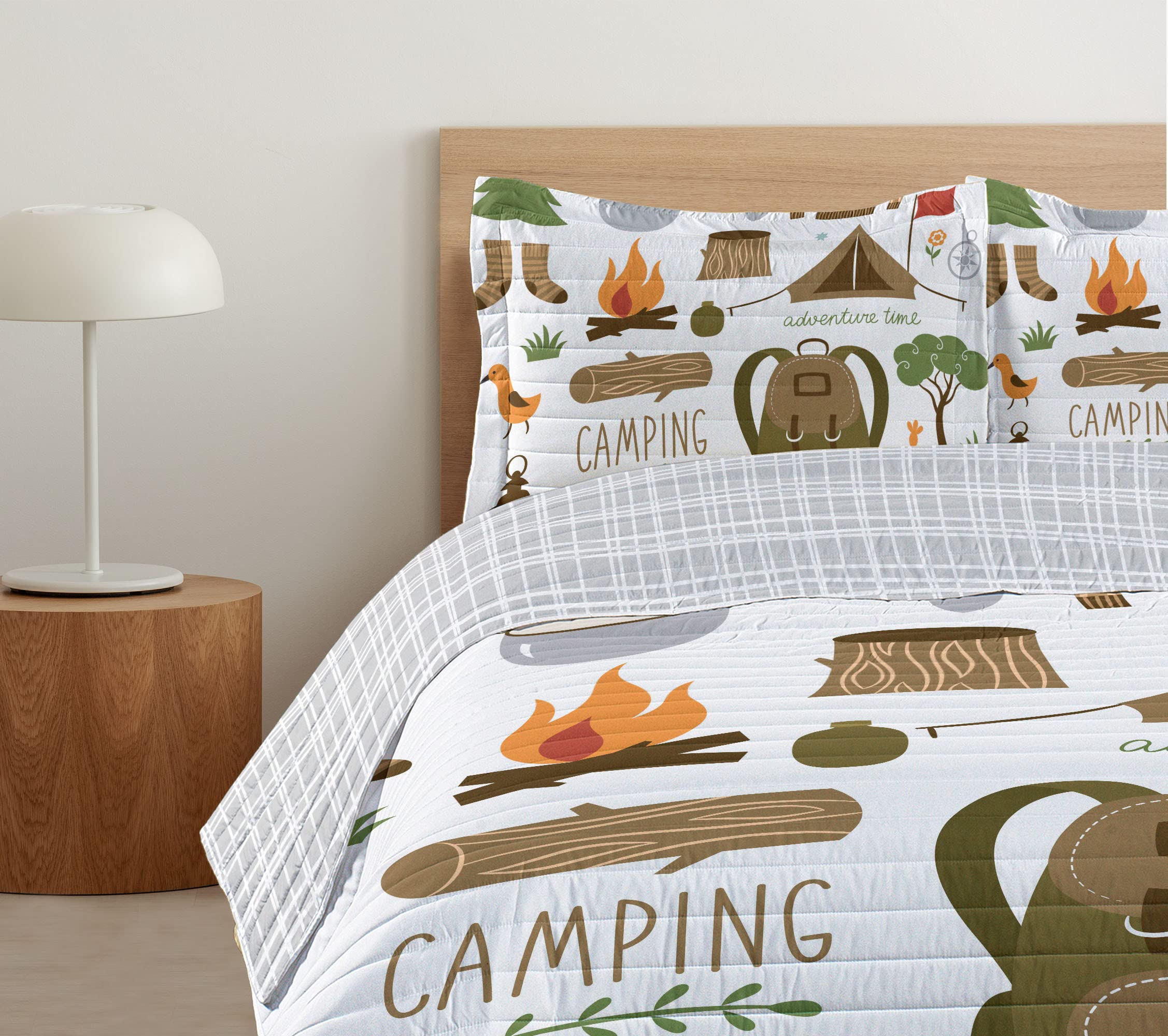 Ambesonne Adventure Reversible King Size Bedspread Set - Camping Theme Microfiber Comforter with Pillow Shams (Sepia Green Orange) - Perfect for Outdoor Enthusiasts & Cabin Decor