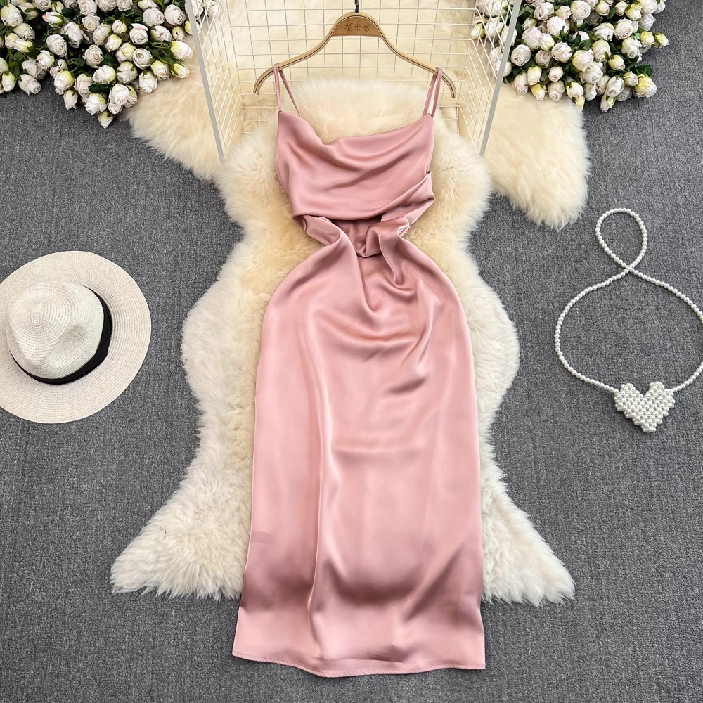 French Satin A-Line Spaghetti Strap Dress - Summer Sheath Skirt 930 | Elegant Sleeveless Party Cocktail Dress for Women | Perfect for Weddings, Date Nights & Beach Vacations