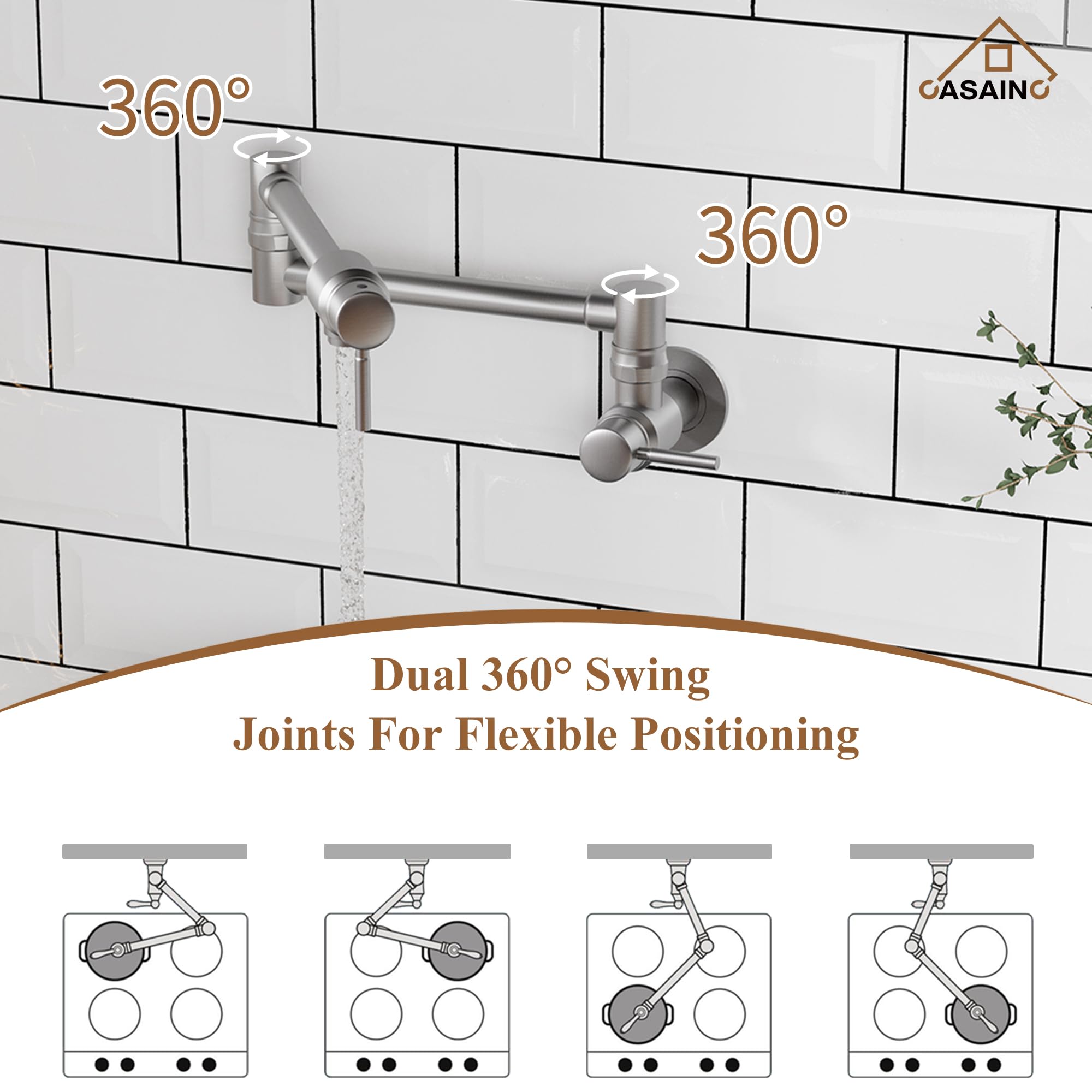 CASAINC Brushed Nickel Commercial Wall Mount Pot Filler Kitchen Faucet - Brass Swing Arm Stove Faucet with Double Joint for Easy Cooking | Perfect for Home Kitchens, Restaurants & Outdoor Cooking Stations