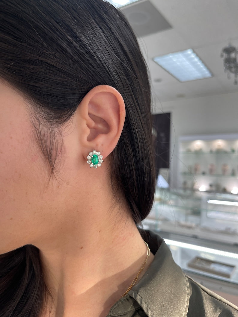 5.0tcw 14K Gold Vivid Rich Green Emerald Oval & Brilliant Round Diamond Halo Stud Earrings for Women - Perfect for Weddings, Parties & Special Occasions