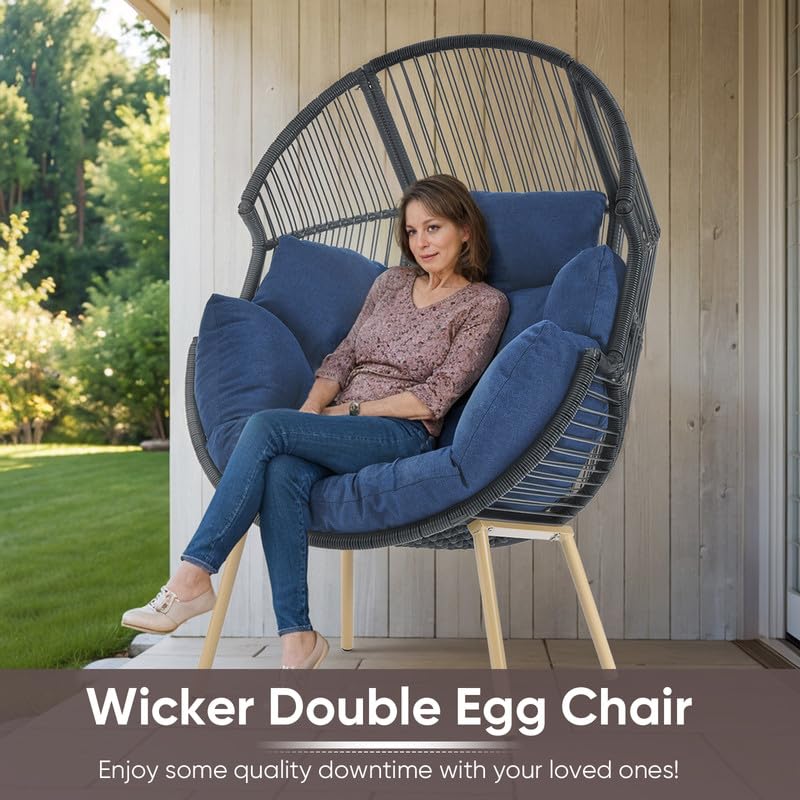 Outdoor Wicker Egg Chair - 300 LBS Weight Capacity Hanging Egg Chair with Waterproof Cushion, Gray Rattan & Blue Cushion for Patio, Balcony, Garden, Sunroom - Perfect for Relaxing & Reading