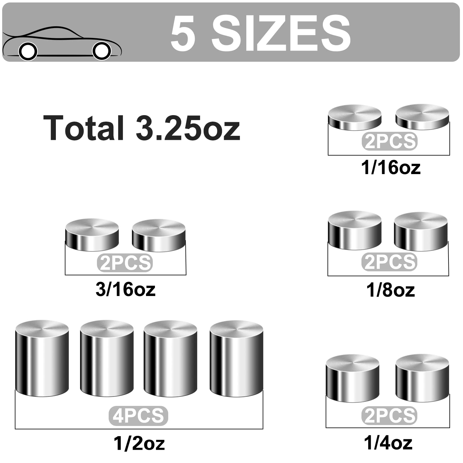 3.25oz Tungsten Pinewood Derby Car Weights - 5 Sizes Incremental Cylinder Weights for Maximum Speed | Perfect for Boy Scouts Racing & DIY Derby Car Tuning
