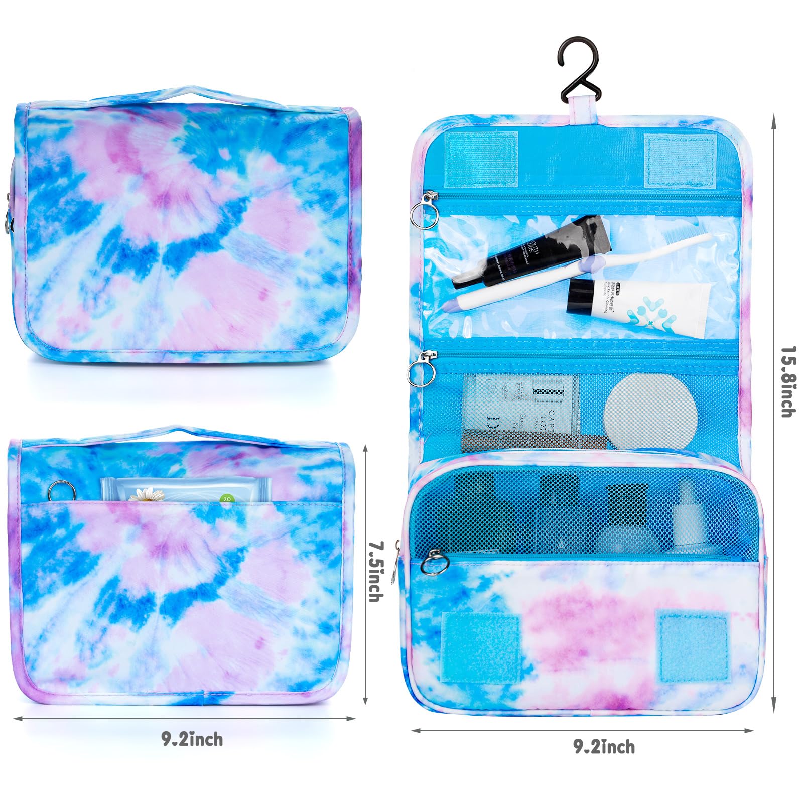 Waterproof Tie Dye Blue Kids Hanging Toiletry Bag for Girls - Travel Cosmetic & Makeup Organizer Wash Bag for Toddlers & Little Girls - Perfect for School Trips, Sleepovers & Family Vacations