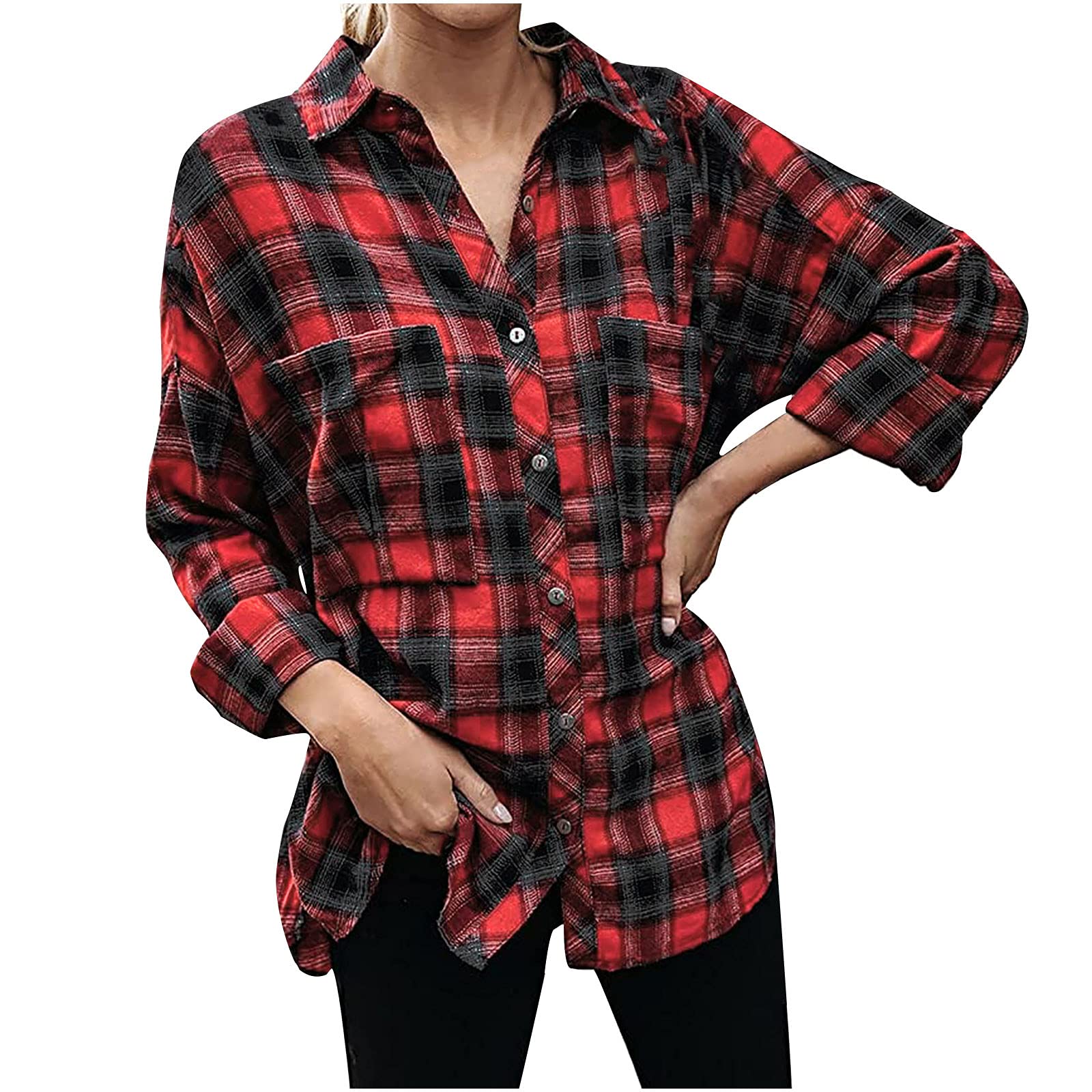 Stylish Women's Plaid Long Sleeve Button Down Shirt - Loose Fit Casual T-Shirt with Pockets | Perfect for Office, Dating & Everyday Wear