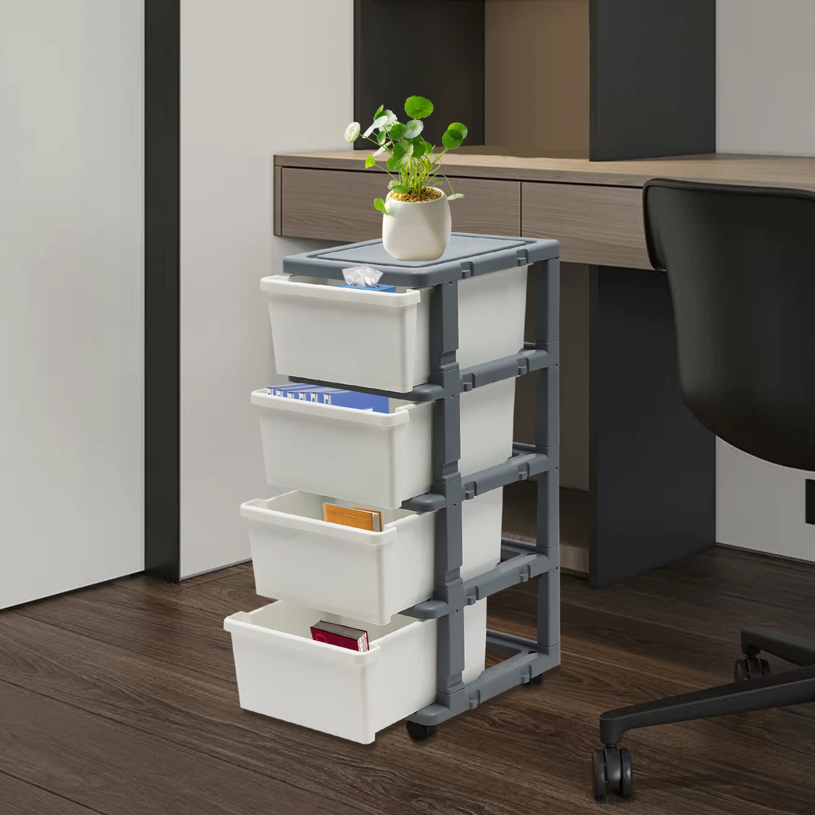 4-Drawer Rolling Storage Organizer with Tray Top - White & Grey Plastic Mobile Desk Organizer for Office, School, Makeup, Medical Supplies - Perfect for Home, Office, and Classroom Organization