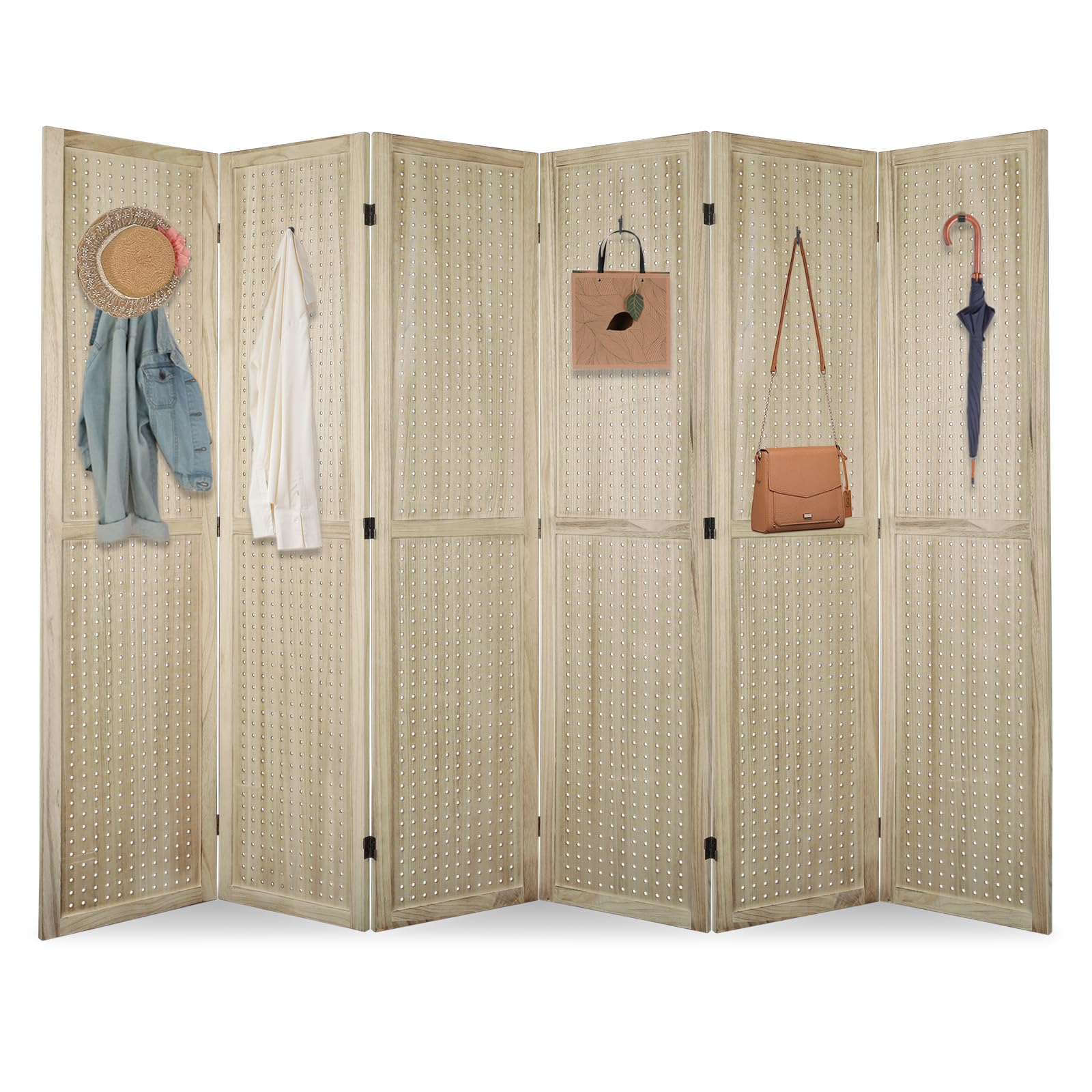 ECOMEX 6 Panel Wooden Room Divider - 5.6Ft Folding Privacy Screen & Pegboard Display for Home, Office, Trade Shows | Freestanding Wall Organizer | Natural Wood Finish | Perfect for Room Separation, Craft Displays & Retail Spaces