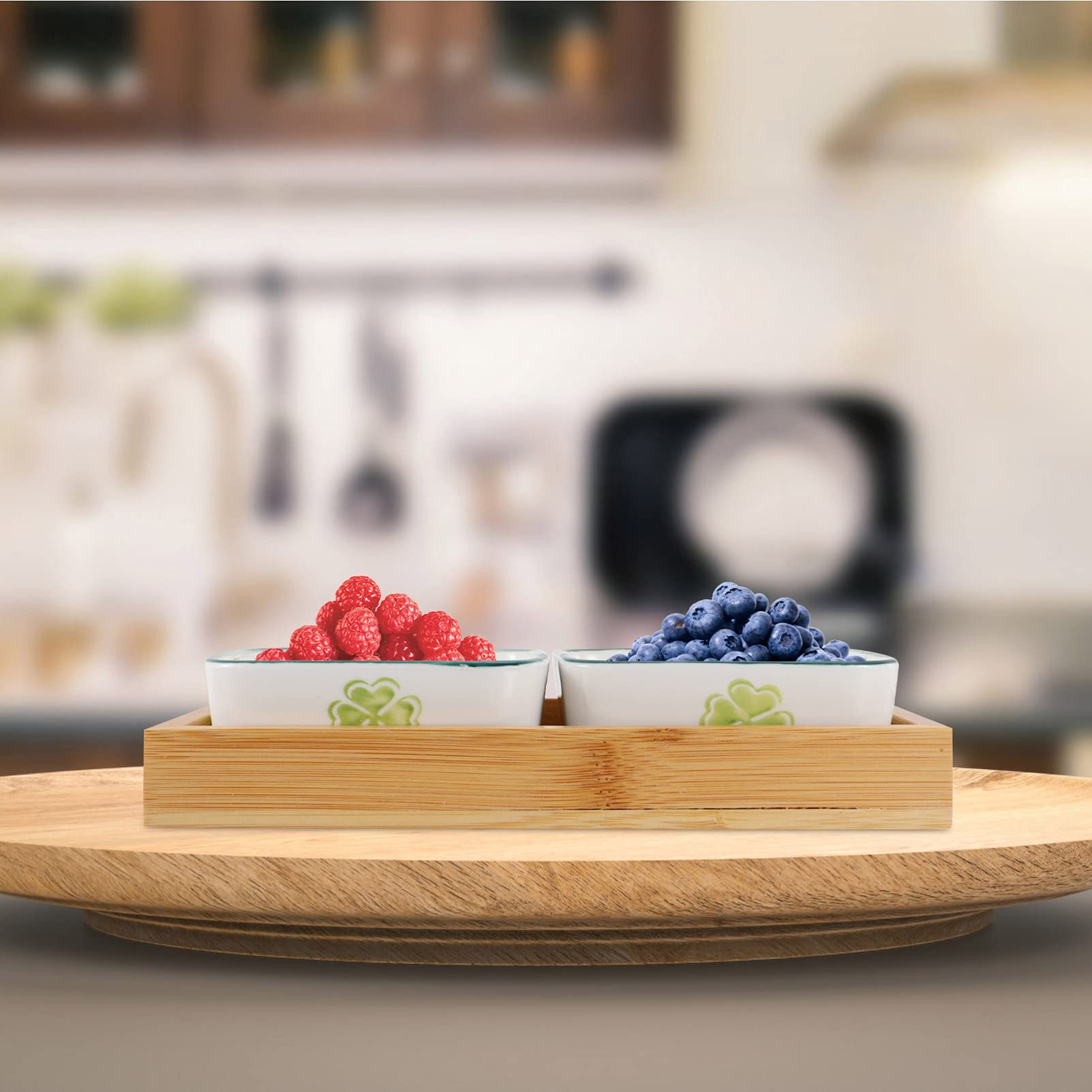 Premium Japanese Ceramic Fruit & Snack Serving Tray Set with Wooden Holder - Divided Compartment Platter for Fruits, Nuts, Appetizers | Perfect for Party Serving, Tea Time, Home Decor & Gift Giving
