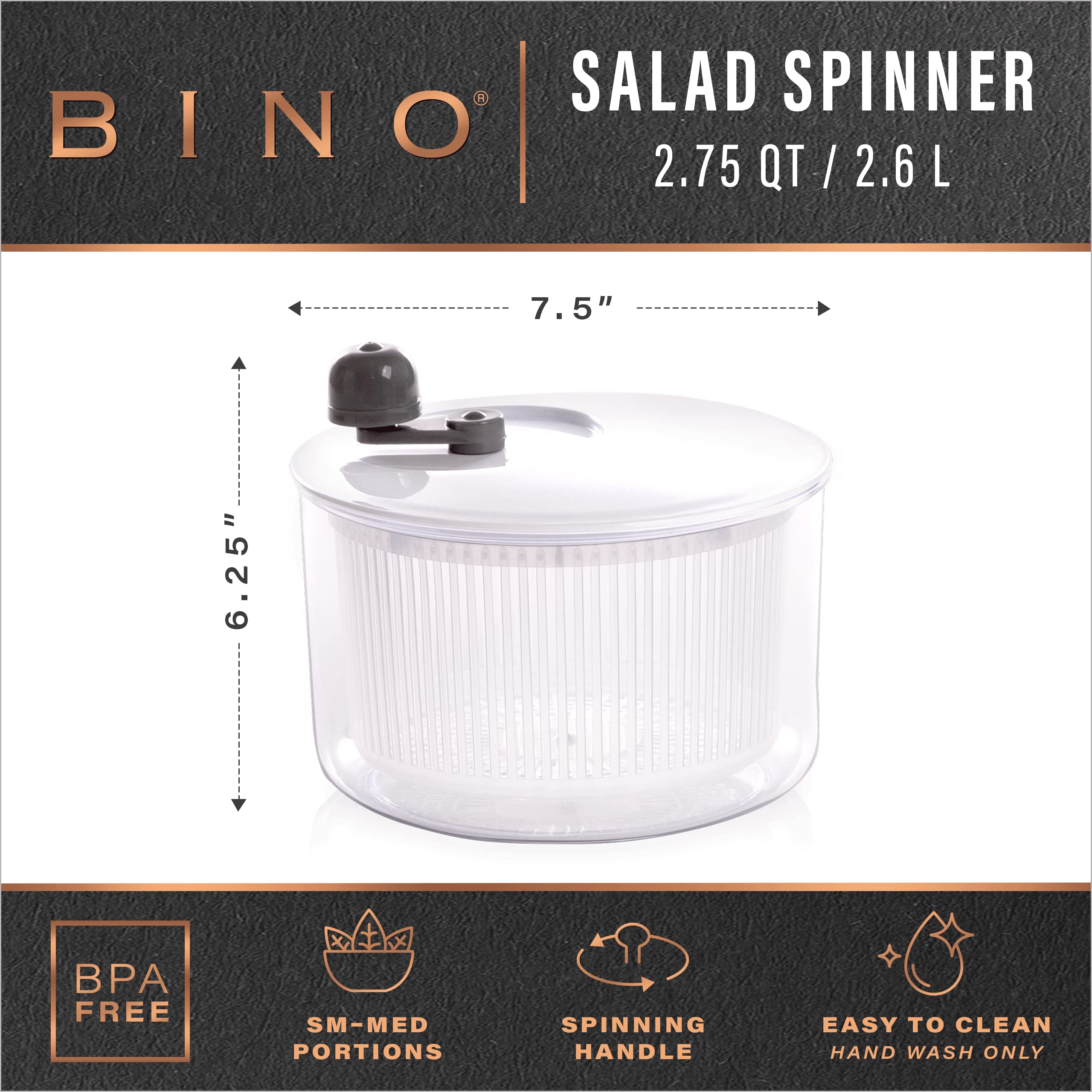 BINO 2.75 Qt Manual Salad Spinner - Lettuce Dryer with Serving Bowl, Fruit & Vegetable Basket, Pasta & Herb Strainer - Perfect for Fresh Salads, Meal Prep & Healthy Cooking | Kitchen Gadgets for Home Chefs