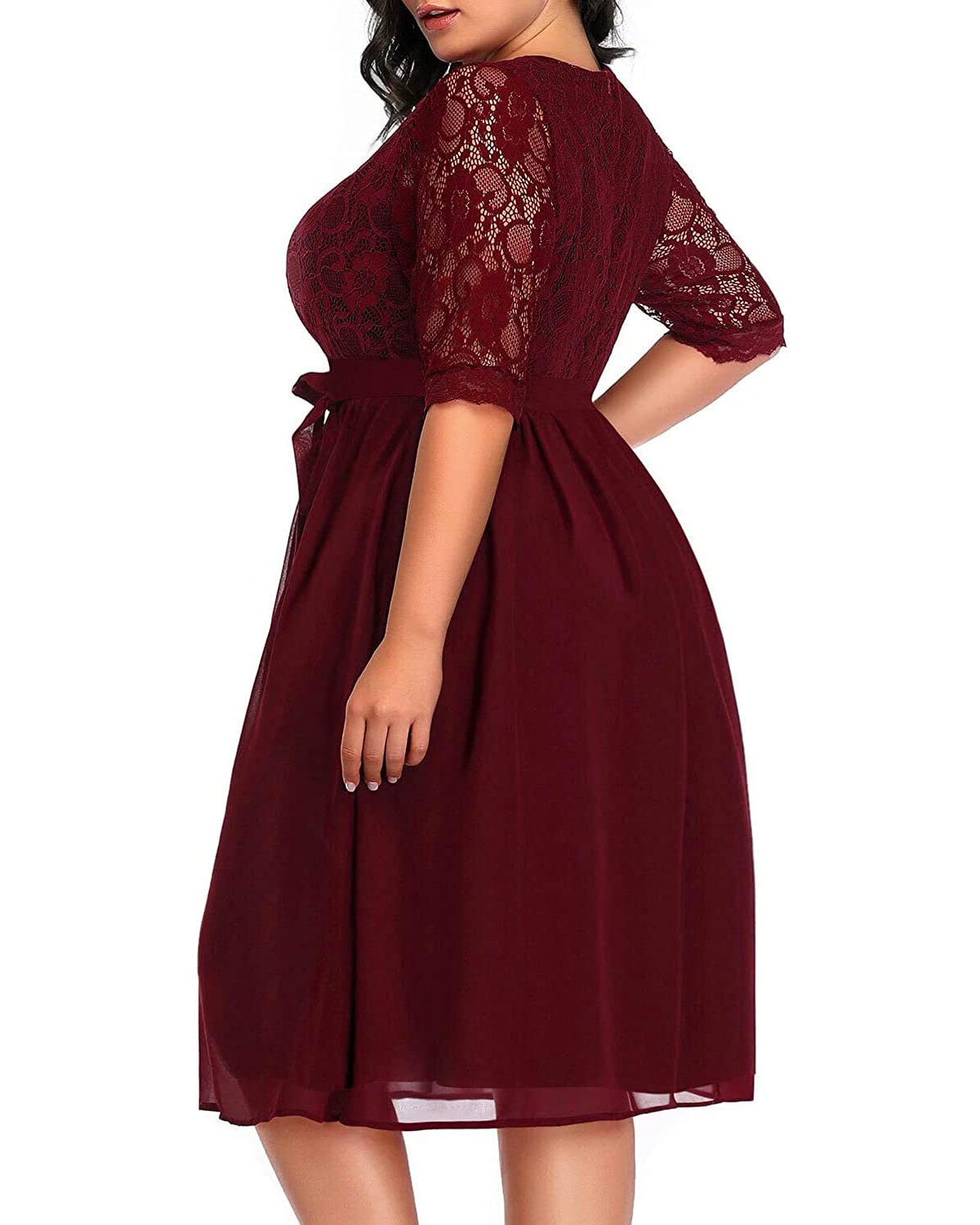 Elegant Plus Size Lace Chiffon Wrap V-Neck Cocktail Dress for Women - Wedding Guest & Special Occasion Midi Dress | Perfect for Parties, Date Nights & Formal Events