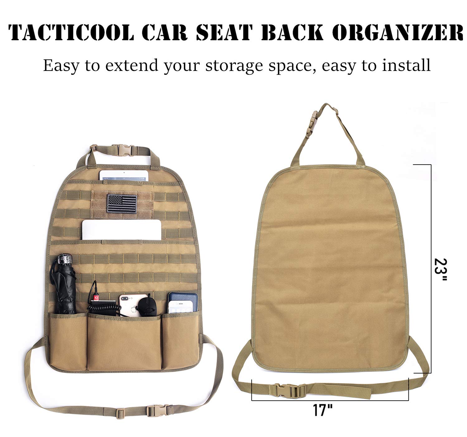 Tactical Car Seat Back Organizer - Universal Fit Molle Vehicle Panel with Extra USA Flag Patch, 2 Pack Coyote Brown - Perfect for Road Trips, Camping & Outdoor Adventures