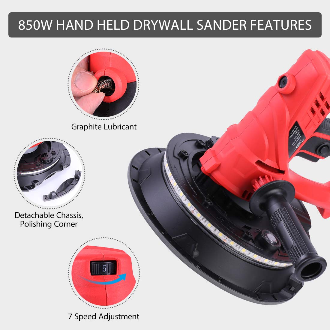 VIVOHOME 850W Electric Drywall Sander with Adjustable Speed, Auto Vacuum System, LED Light & Dust Bag - Perfect for Drywall Sanding, Wall Repair, Home Renovation & DIY Projects
