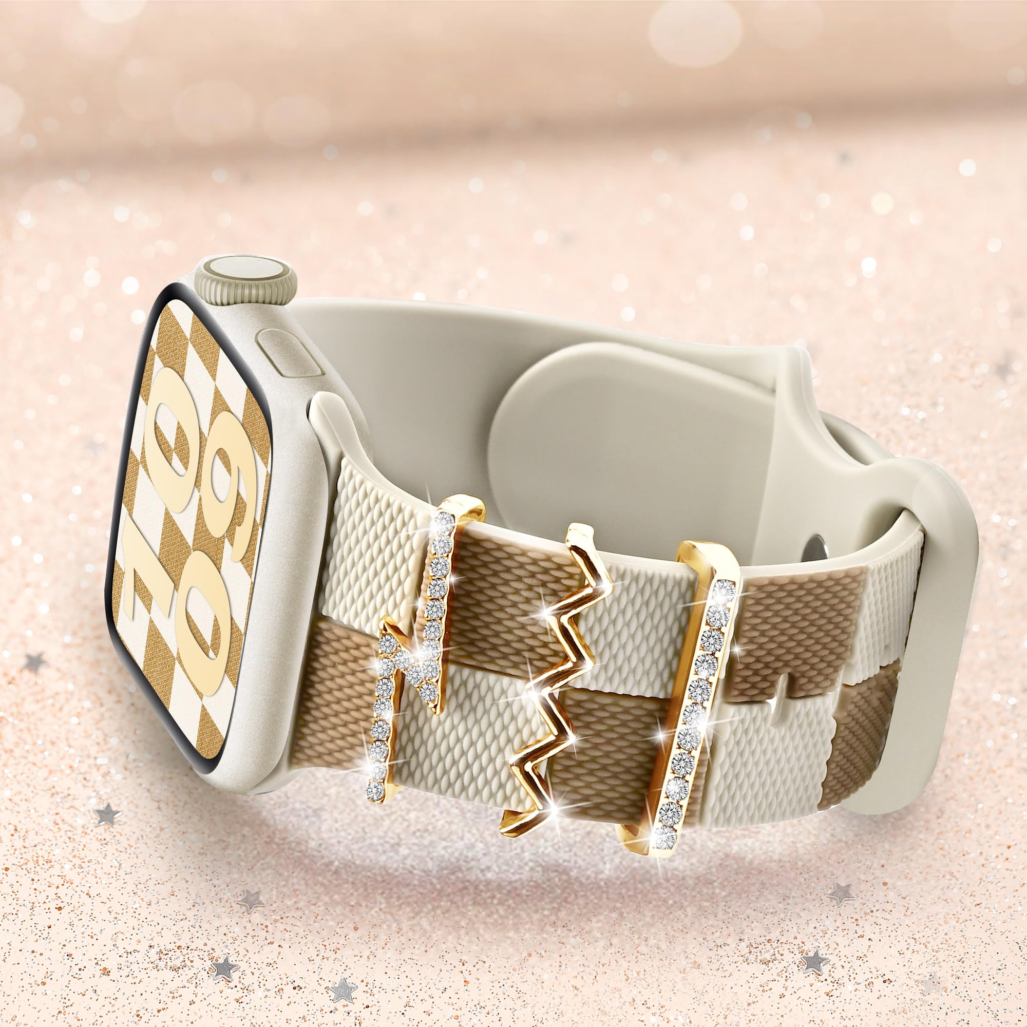 Fashionable Checkered Silicone Strap for Apple Watch Band 38mm 40mm 41mm 42mm - Gold Bling Z Charm Sport Wristband Compatible with iWatch Series 10 9 8 7 6 5 4 3 SE - Perfect for Women's Workout, Running & Everyday Wear