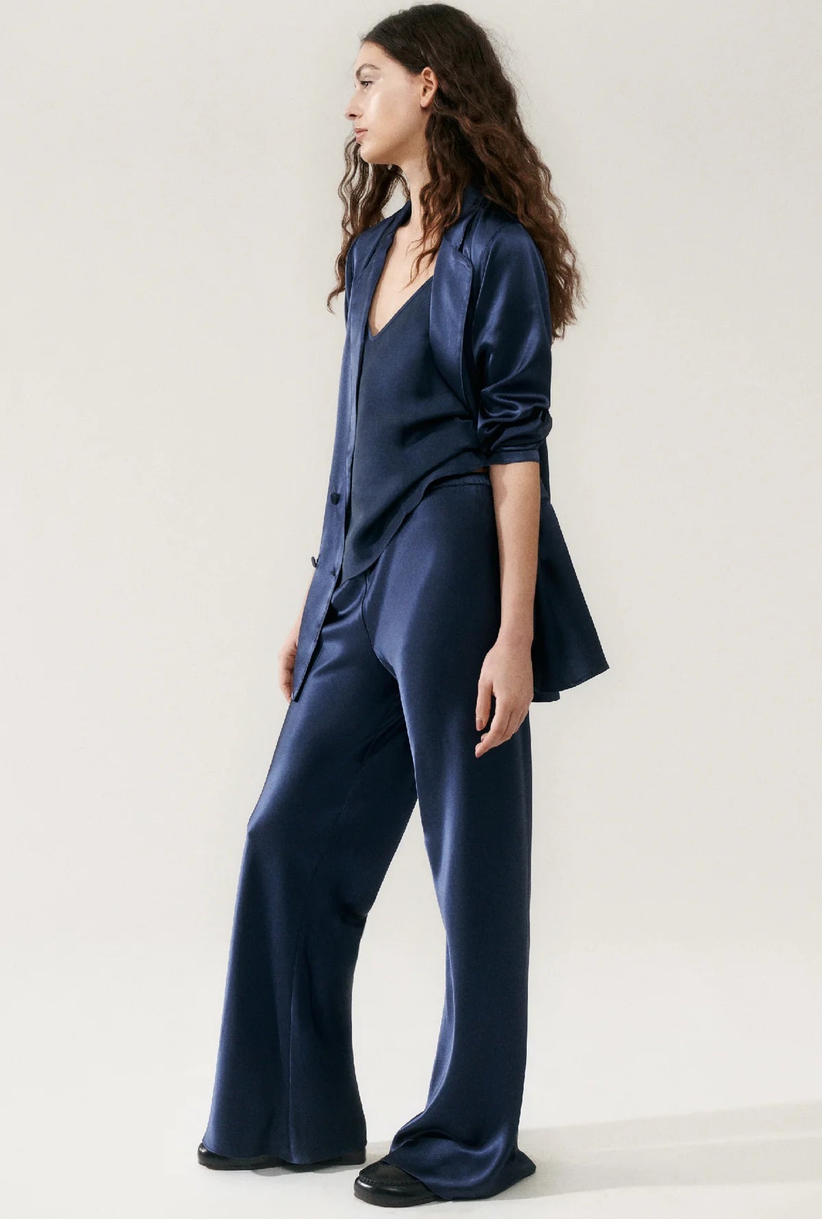 Bias Cut Pants for Women - High Waist Midnight Blue Wide Leg Trousers for Office, Casual & Evening Wear
