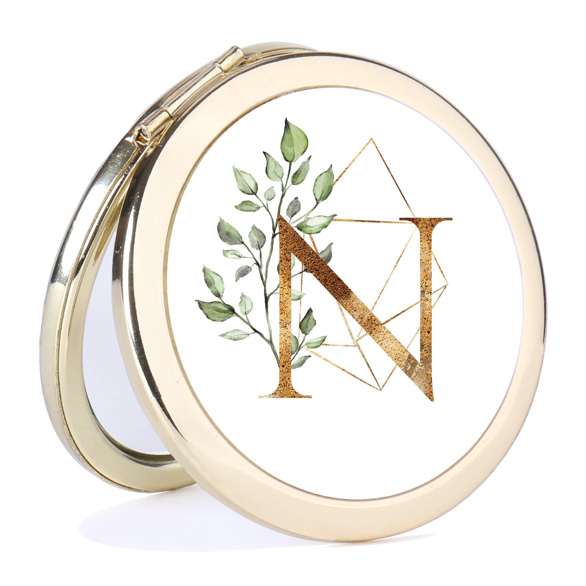 Personalized Monogram Compact Mirror - Gold Pocket Mirror with Initial (Letter N) - Perfect Bridesmaid Gift, Bachelorette Party Favors & Travel Makeup Essential