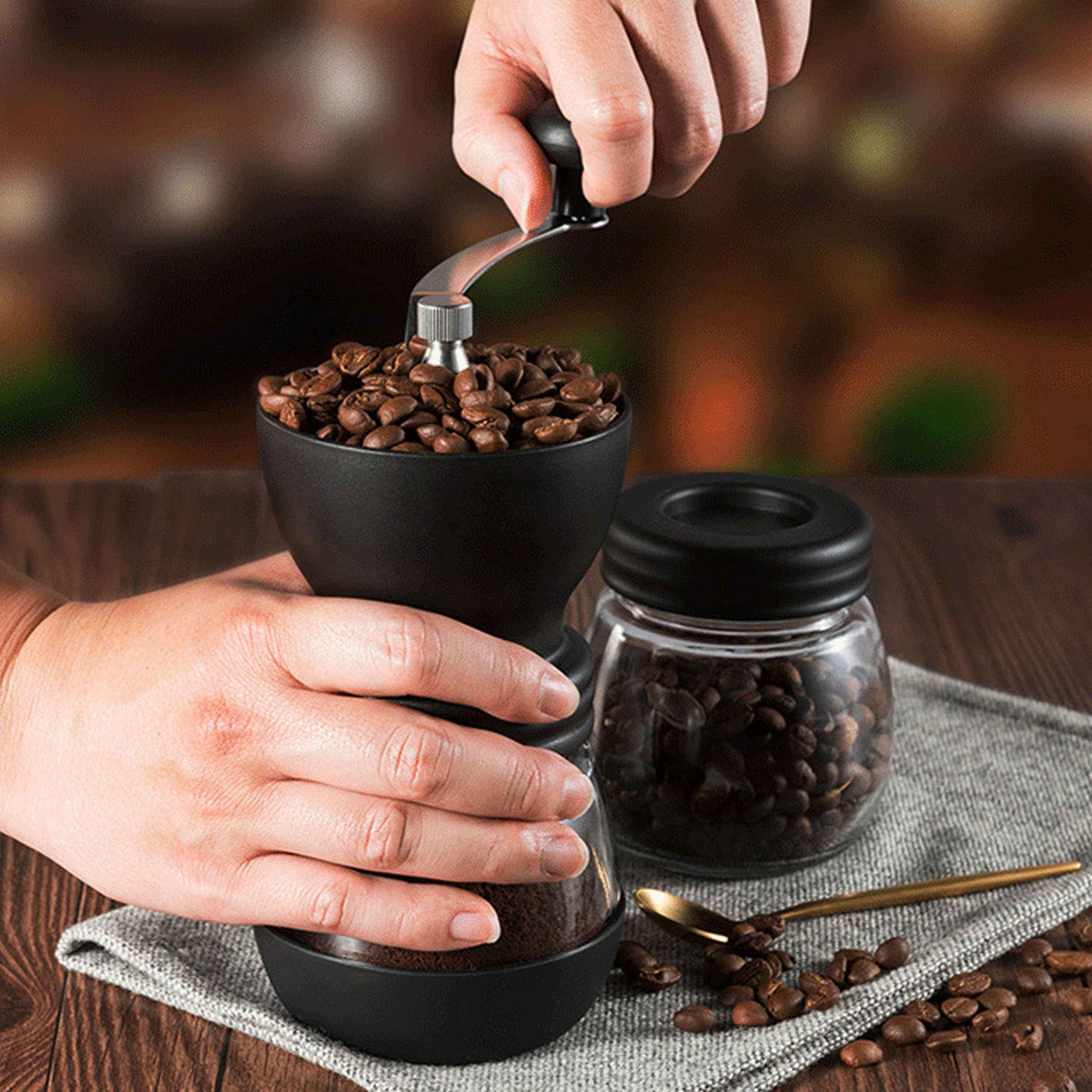 Premium Manual Coffee Grinder with Conical Ceramic Burrs - Adjustable Coarse to Fine Settings - Includes 2 Glass Jars, Cleaning Brush & Measuring Spoon - Perfect for Home, Office, Camping & Travel Use