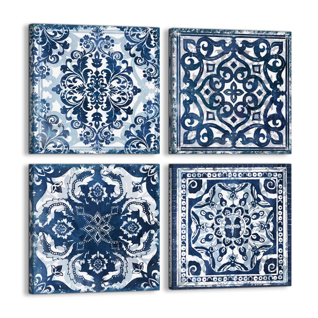 Modern Navy Blue Floral Canvas Wall Art - Set of 4 Framed Abstract Flower Prints (14x14 Inch Each) for Bedroom & Bathroom Decor | Perfect for Home, Office, or Gift Giving