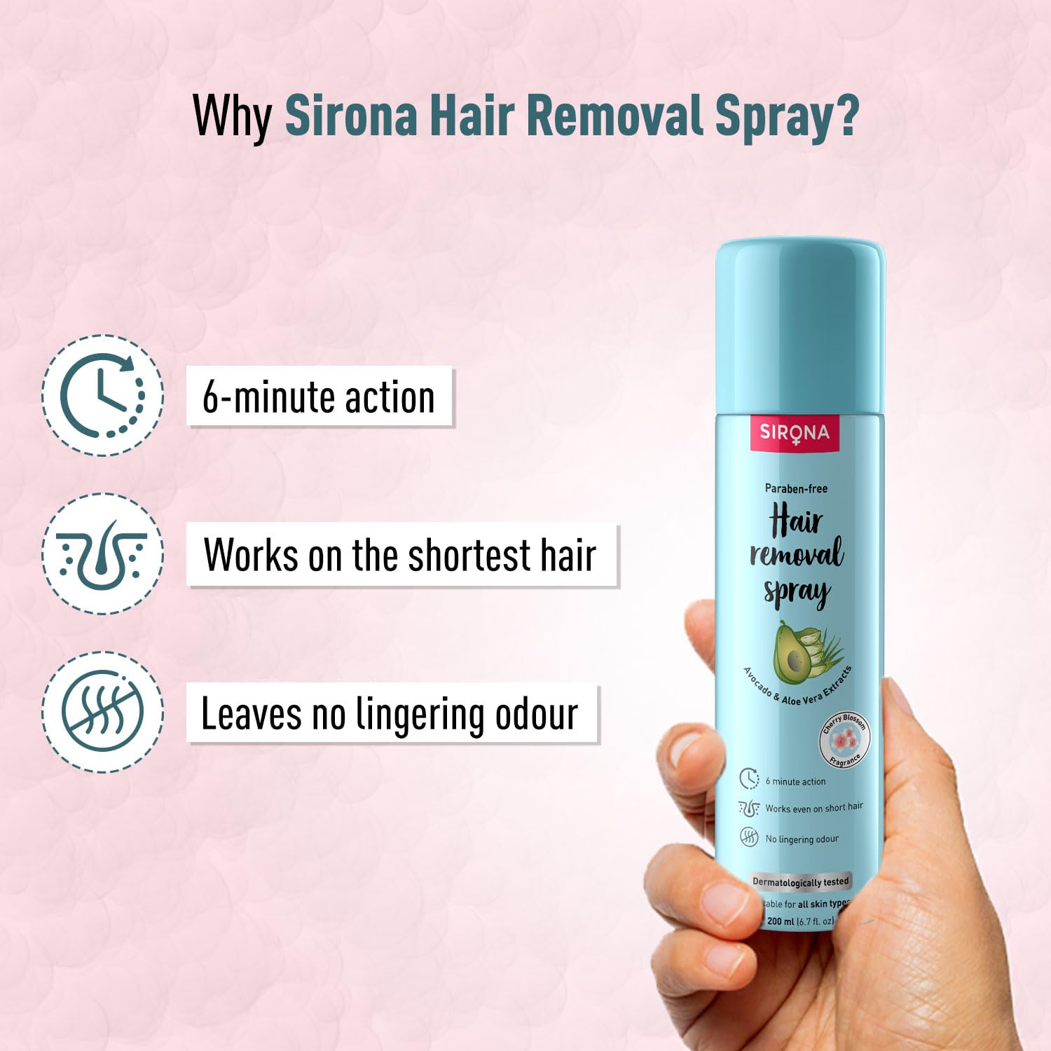 Sirona Hair Removal Spray for Women - Painless Body Hair Removal Cream for Legs, Arms, Underarms & Back | Natural & Safe Formula with Avocado & Aloe Vera Extract | 200ml | Ideal for Smooth Skin at Home, Travel & Quick Hair Removal Before Beach Days