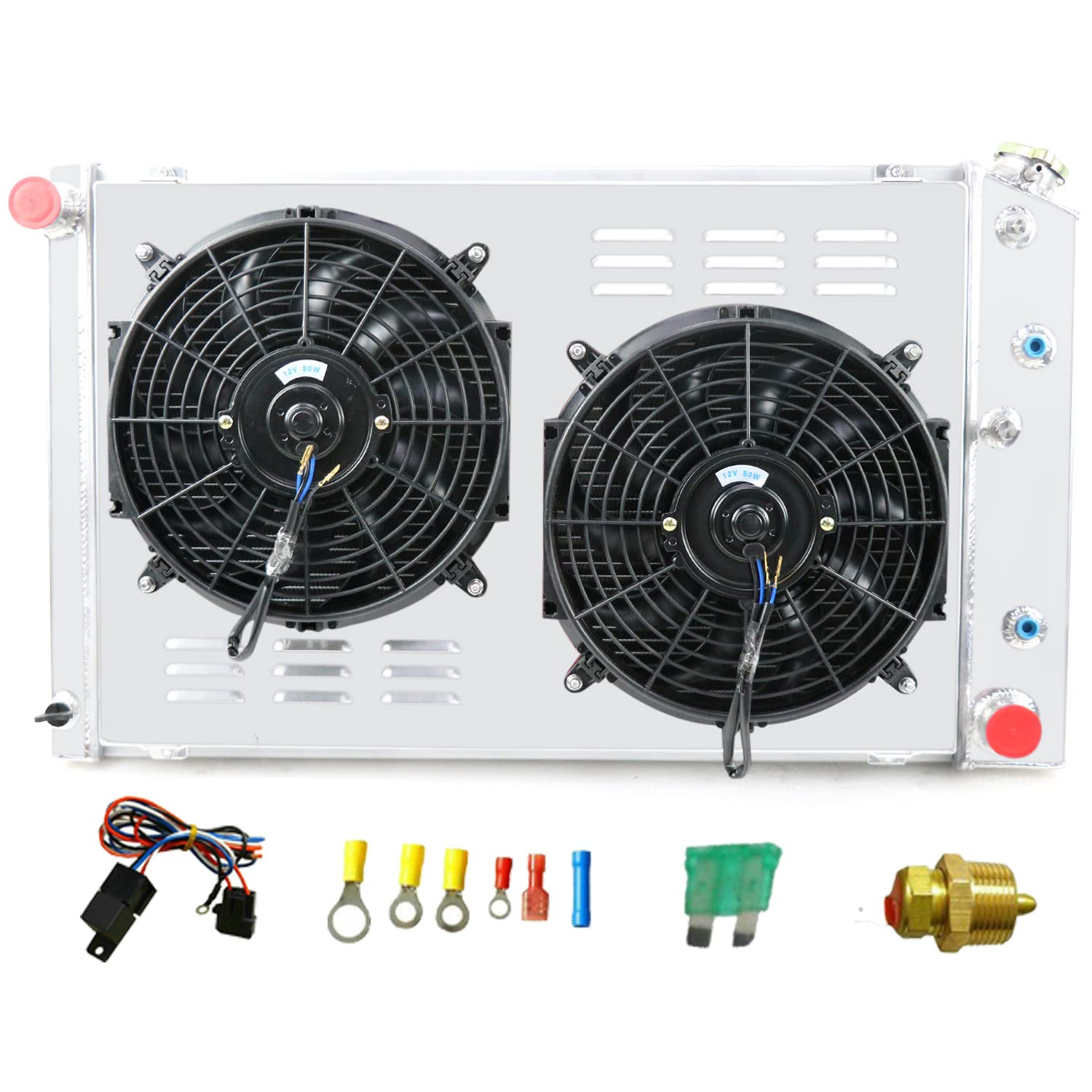 High Performance 4-Row Aluminum Radiator for 1970-1981 Chevy Camaro, 1978-1987 Monte Carlo, 1973-1980 GMC C/K Series 1500/2500/3500 - Includes Shroud & Fan Relay - Perfect for Engine Cooling & Restoration Projects