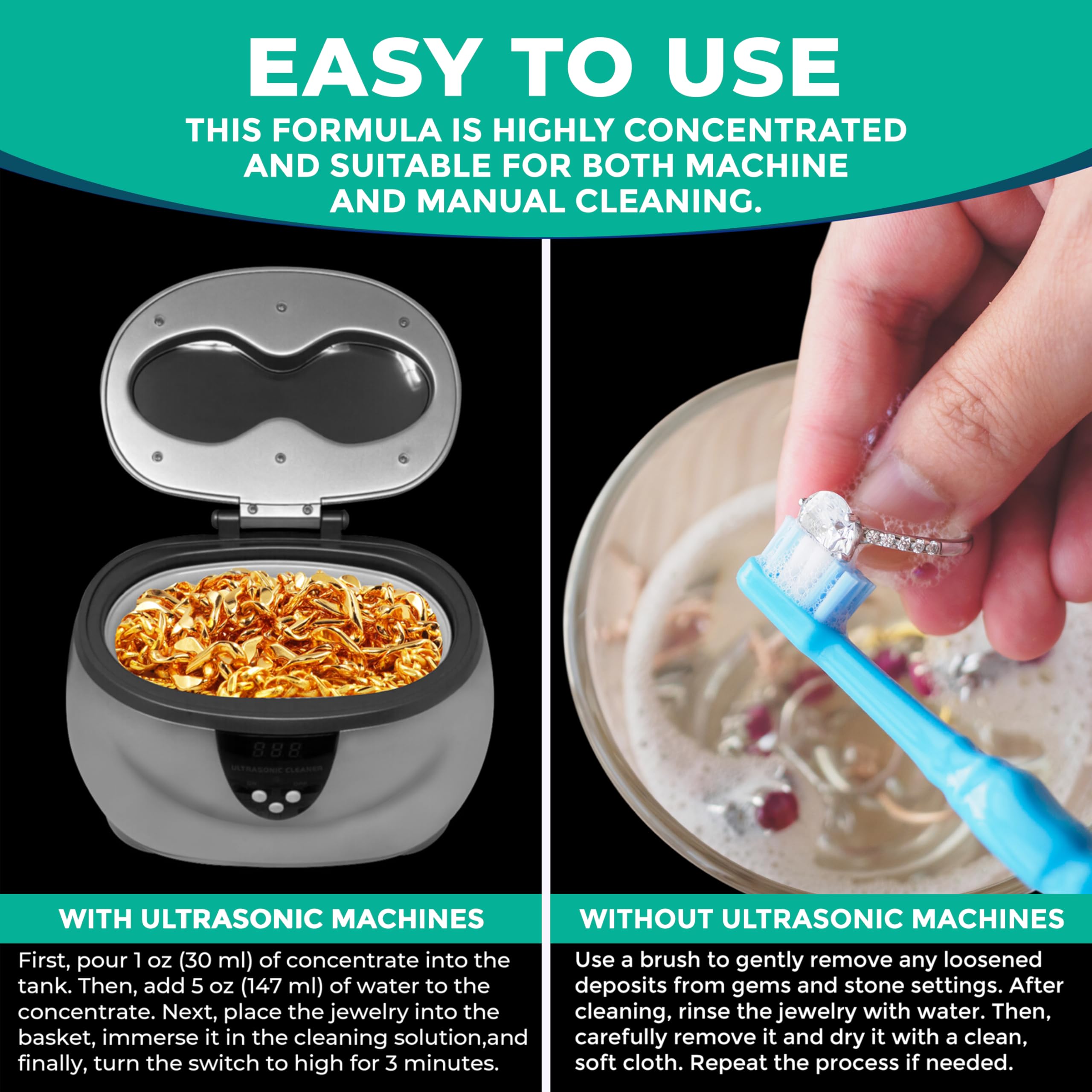 Premium Ultrasonic Jewelry Cleaner Solution - Safely Cleans Gold, Silver, Platinum, Diamonds & Gemstones | Non-Toxic 32oz Formula for Rings, Necklaces, Watches & More | Professional Jewelry Cleaning at Home