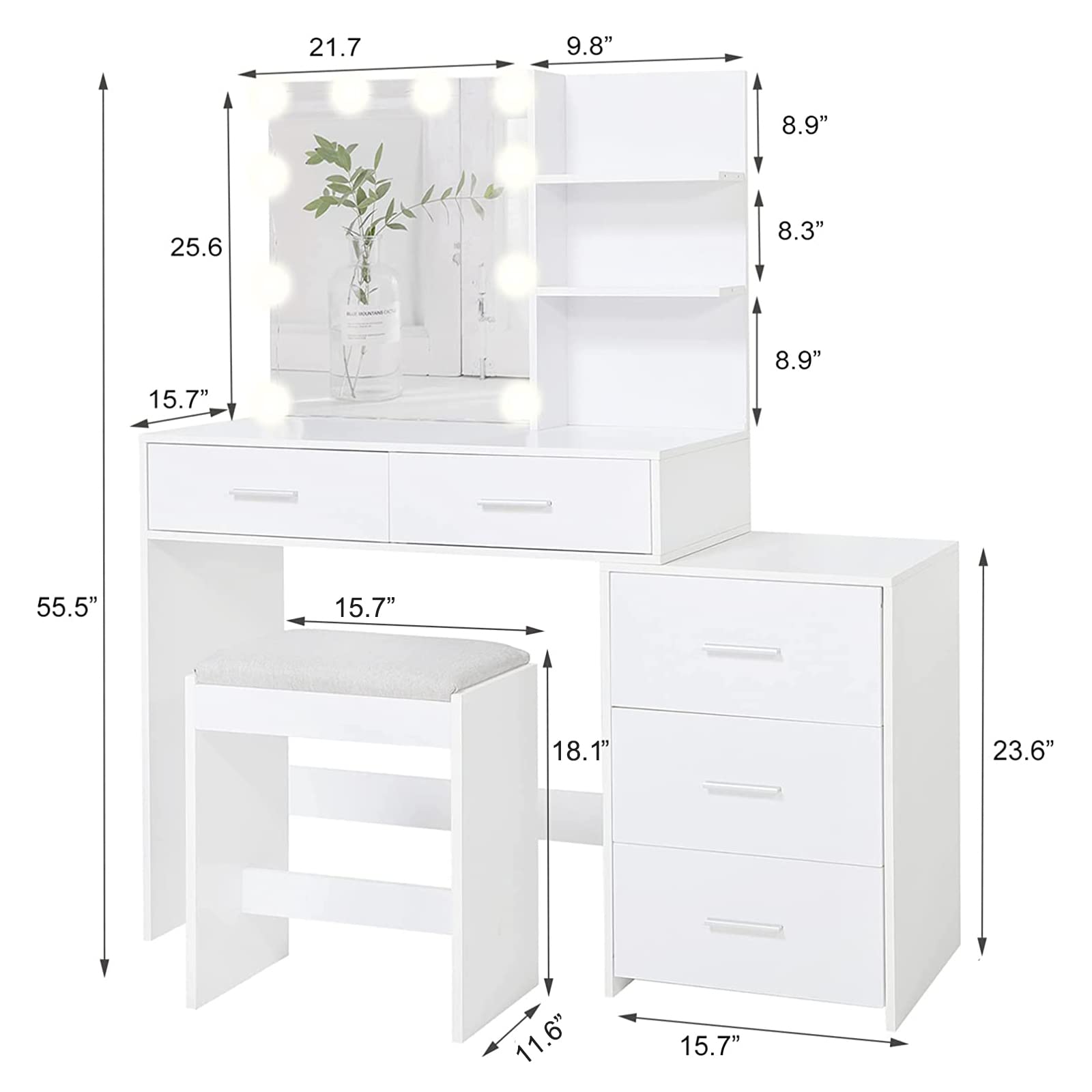 USIKEY 43.5 Inch Large LED Vanity Desk with Mirror - 10 Adjustable Lights, 5 Storage Drawers & Stool - White Makeup Dressing Table with Shelves for Women & Girls | Perfect for Bedroom, Dorm, Beauty Salon & Gift