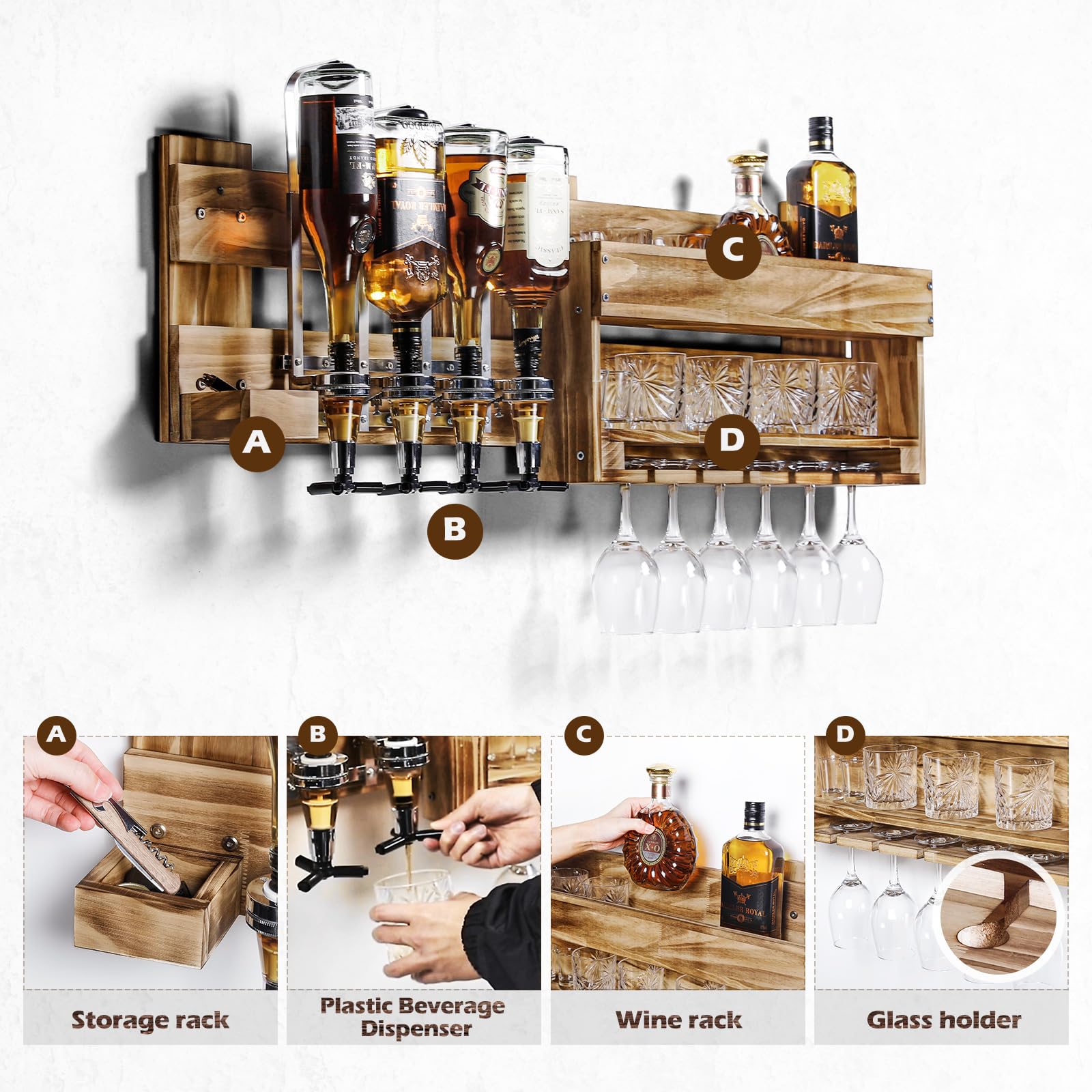 Wall Mounted Wood Wine Rack with Bottle & Stemware Holder - Rustic Whiskey Display Storage for 4 Bottles - Perfect for Home Bar, Kitchen Decor & Entertaining Guests (Regular Without LED)