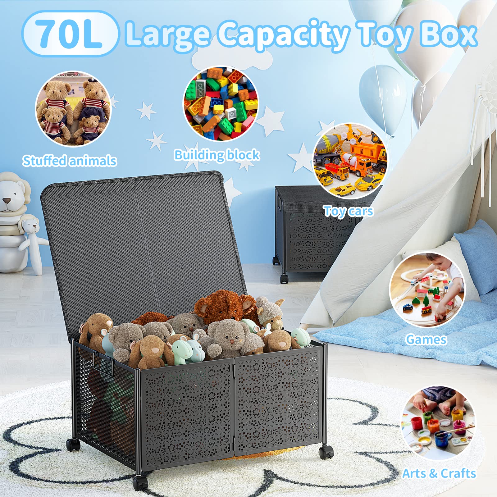 PHINOX 70L Large Toy Storage Box with Wheels - Collapsible Metal Toy Organizer Chest for Kids, Nursery & Playroom - 2 Pack for Boys & Girls | Perfect for Organizing Toys, Books & Games in Bedrooms, Daycares & Play Areas