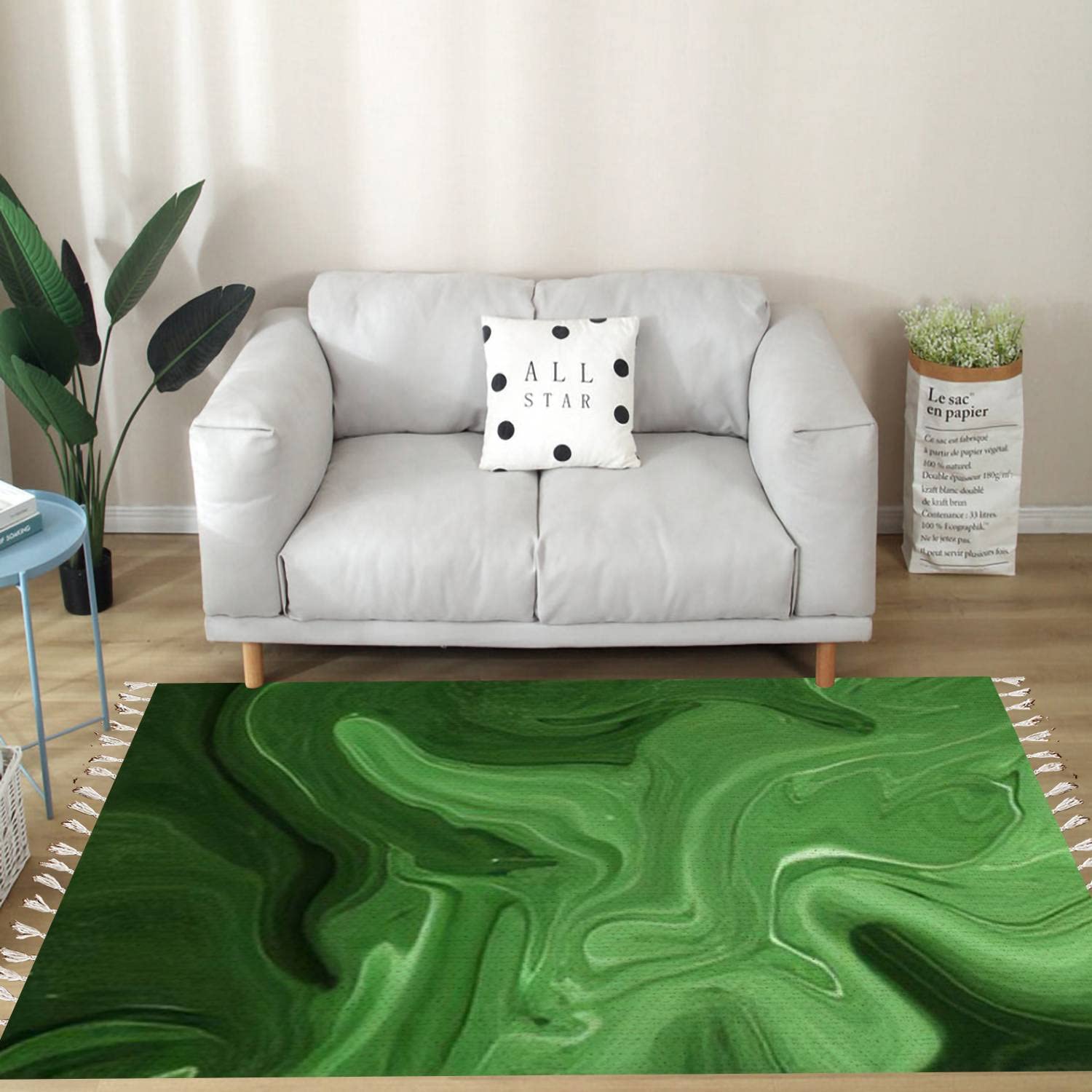 Vintage Cotton Linen Rug with Tassels - Green Psychedelic Marble Abstract Boho Design | Washable Woven Area Rug for Living Room, Bedroom, Kitchen & Bathroom Decor | Indoor Outdoor Throw Carpet