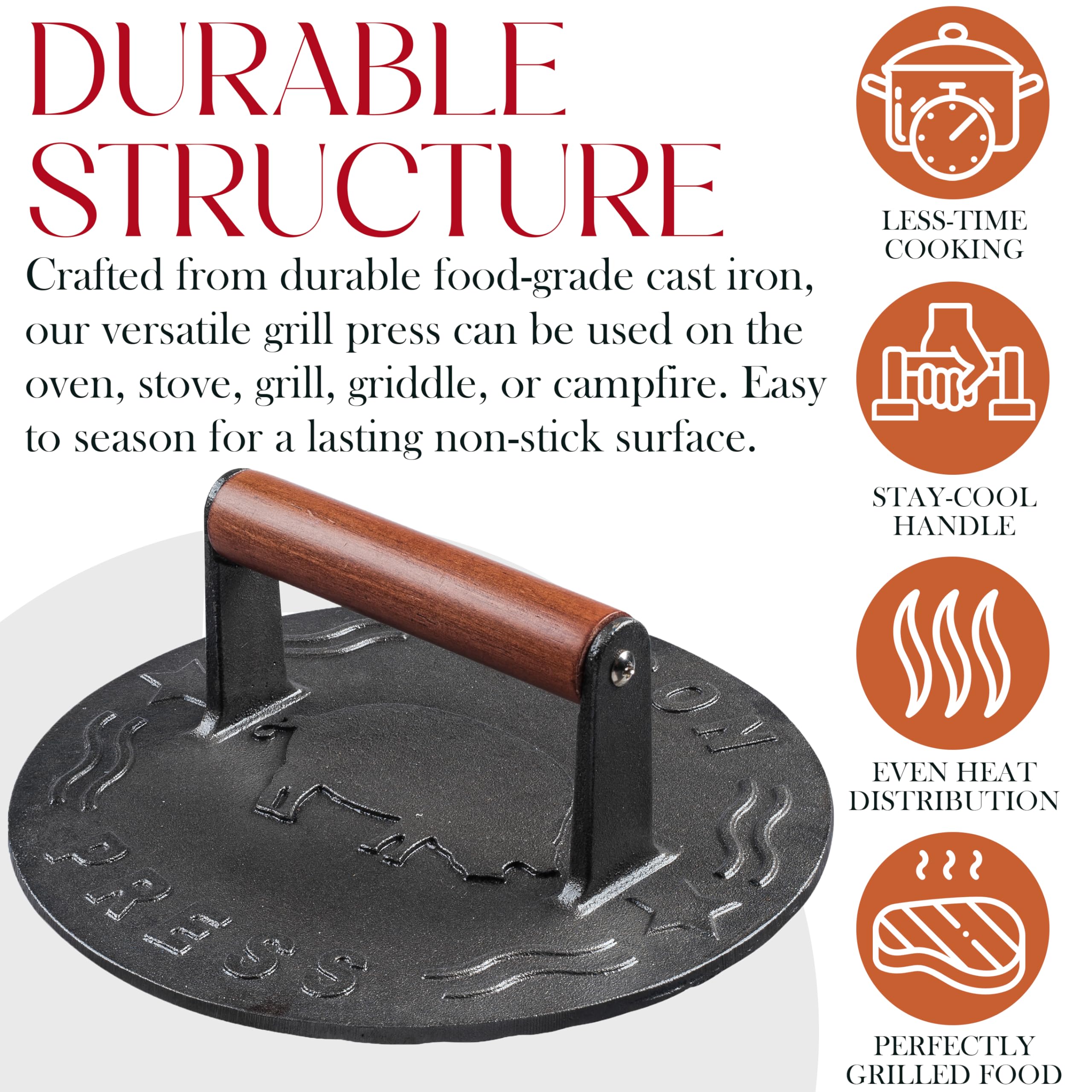 Bellemain 8.5-Inch Round Cast Iron Bacon Press - Heavy Duty Grill Weight for Perfectly Seared Bacon, Steak, Sandwiches & Paninis | Even Heat Distribution | Ideal for Griddle, BBQ, Camping & Home Cooking