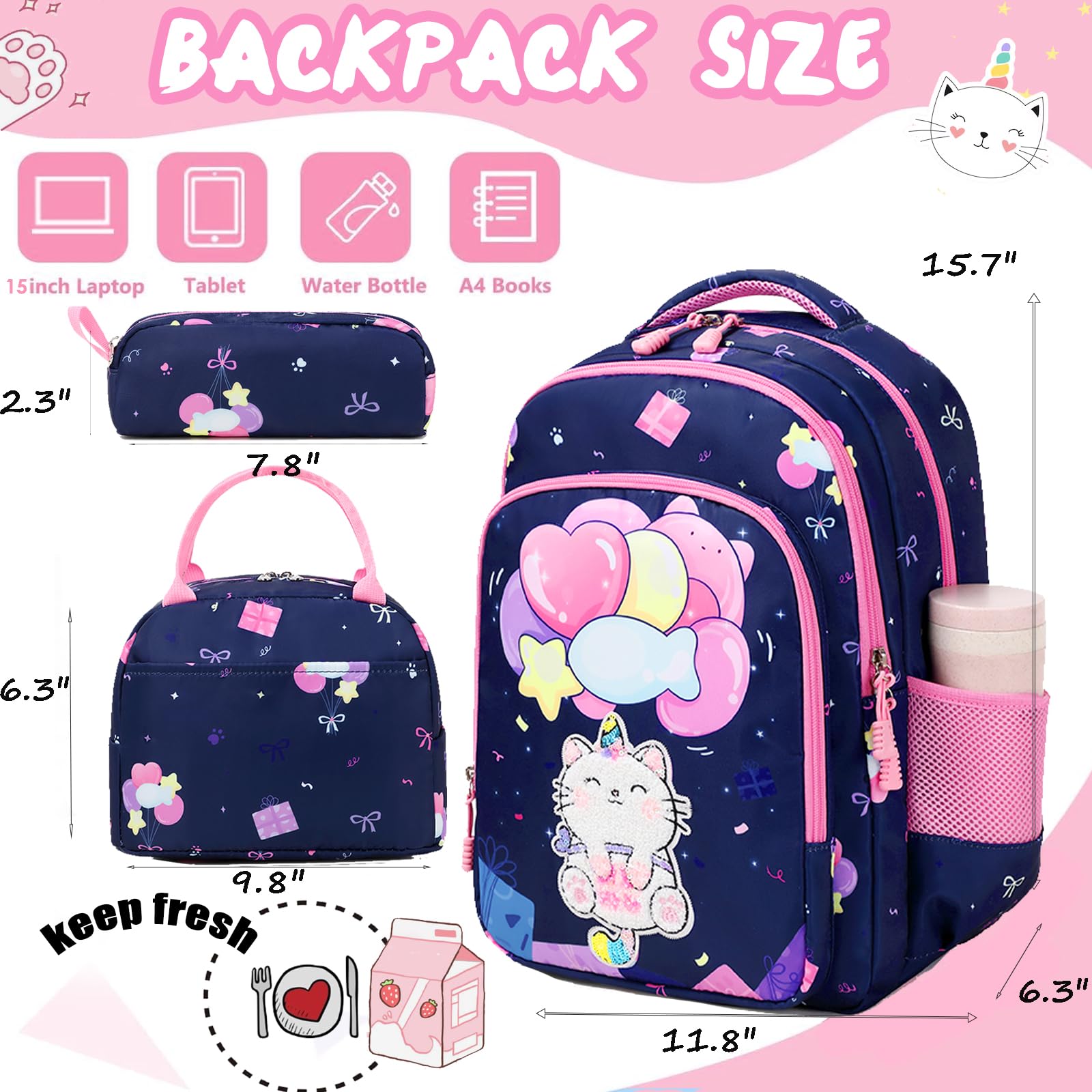 Unicorn Cat Print Backpack for Girls - Lightweight Water Resistant School Backpack with Lunch Box | Cute Elementary Bookbag for Kids, Travel & Daily Use