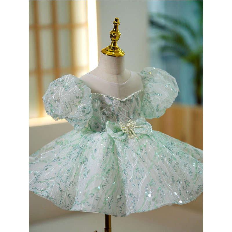 Mint Green Sequin Princess Flower Girl Dress with Puff Sleeves - Perfect for Weddings, Birthday Parties & Special Occasions