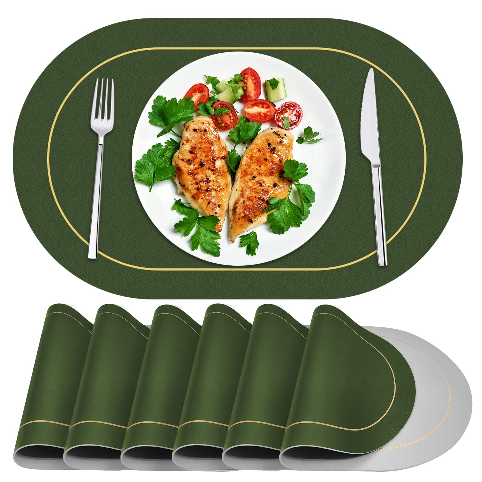 Premium Oval Green & Grey Faux Leather Placemats Set of 6 - Double Sided Heat Resistant Table Mats for Dining, Kitchen, Wedding & Holiday Decor - Waterproof & Easy Clean Table Setting Accessories