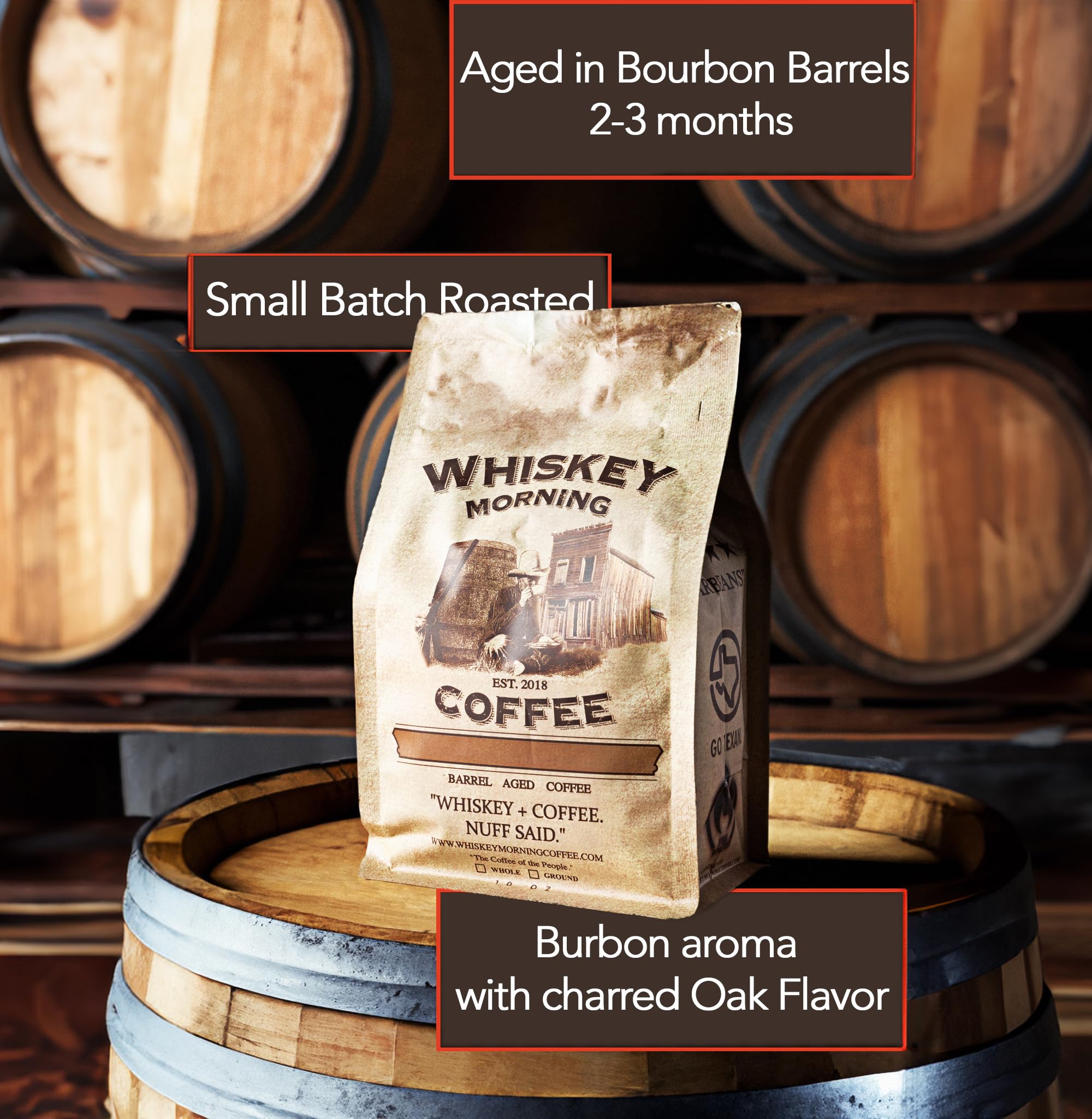Barrel Aged Coffee - Small Batch Fire Roasted Whiskey Infused Gourmet Coffee Beans | Perfect for Gifts, Camping & Special Occasions