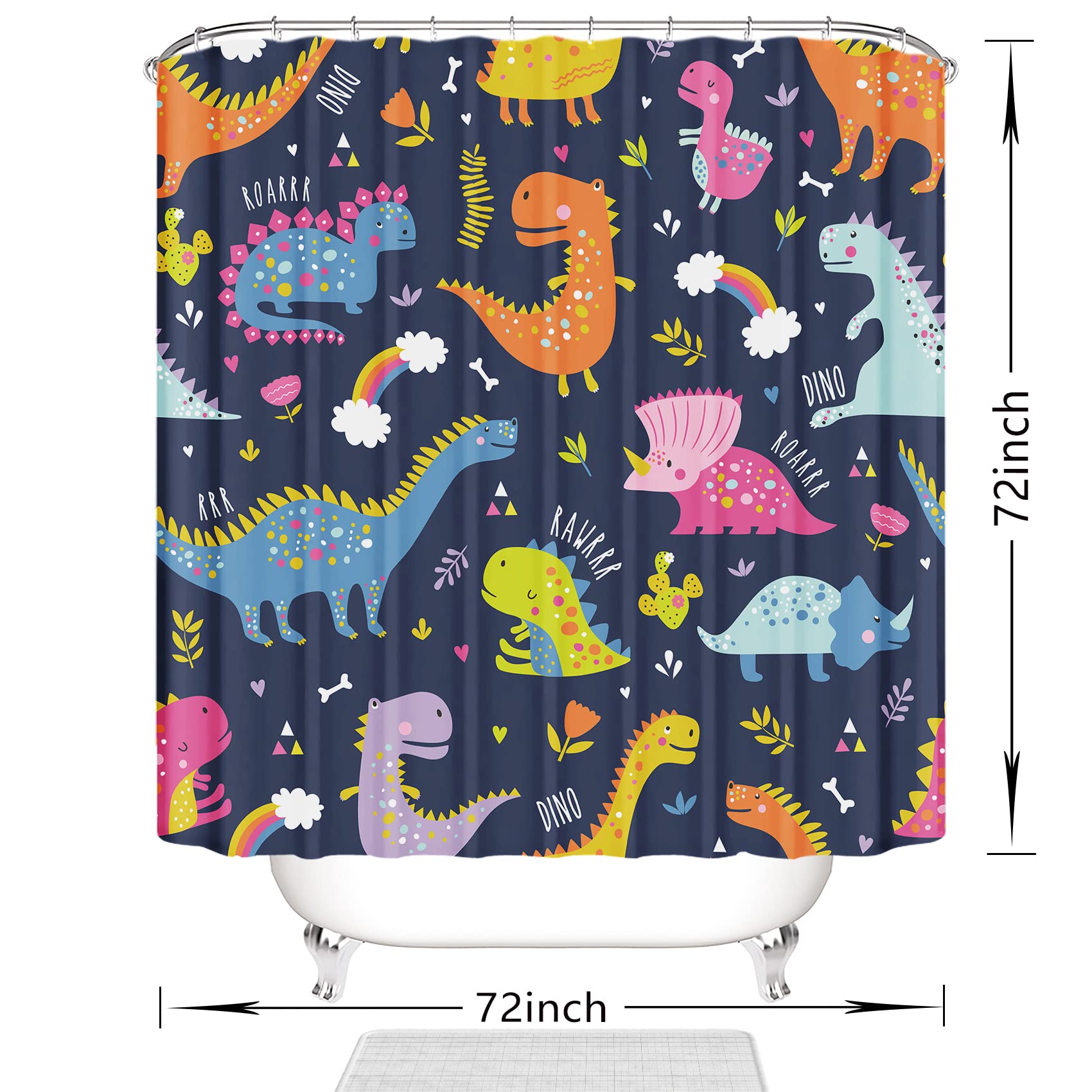 Dinosaur Shower Curtain for Kids - Waterproof Raptor Dino Bathroom Decor with 12 Hooks (72x72 Inches) - Fun Bath Time Accessory for Boys & Girls Bedroom or Playroom