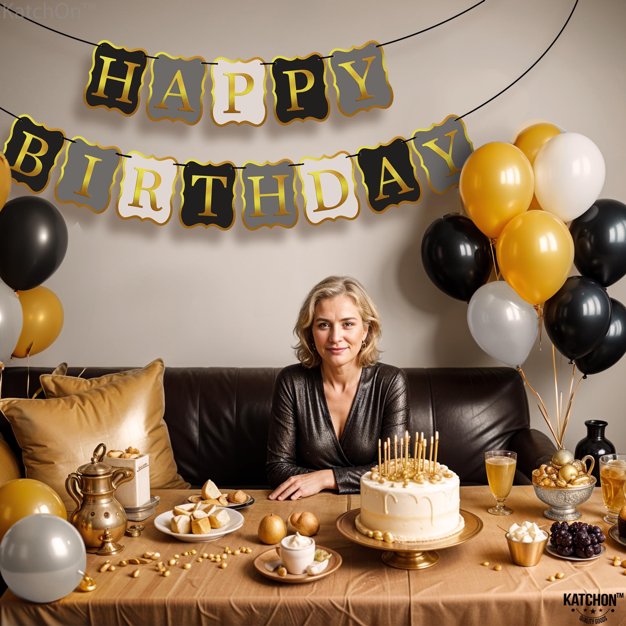 KatchOn 10ft Black & Gold Happy Birthday Banner - Premium Party Backdrop Sign for Birthday Decorations | Perfect for Indoor & Outdoor Celebrations, Photo Booths, and Festive Events