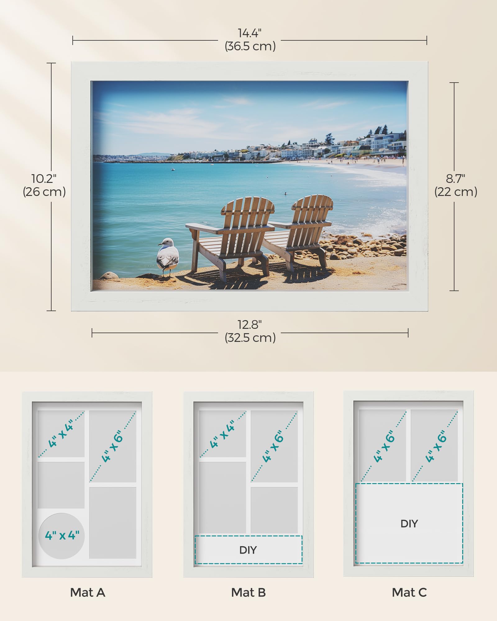 SONGMICS 1.3-Inch Deep Shadow Box Frame - Rustic White Display Case for Photos, Memorabilia & Wall Decor | Includes 4 Wood Push Pins, 3 Mats & 2 Non-Trace Nails | Perfect for Home Office, Living Room & Gift Giving