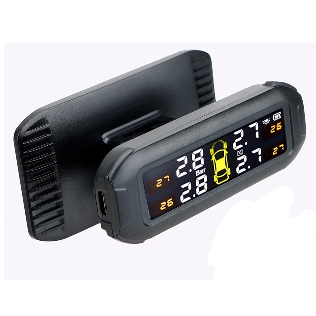 Solar TPMS Tire Pressure Monitoring System with 4 External Sensors - Real-Time Car Tire Pressure & Temperature Warning, Fuel Efficiency Tracker | For SUVs, Trucks, RVs & Trailers