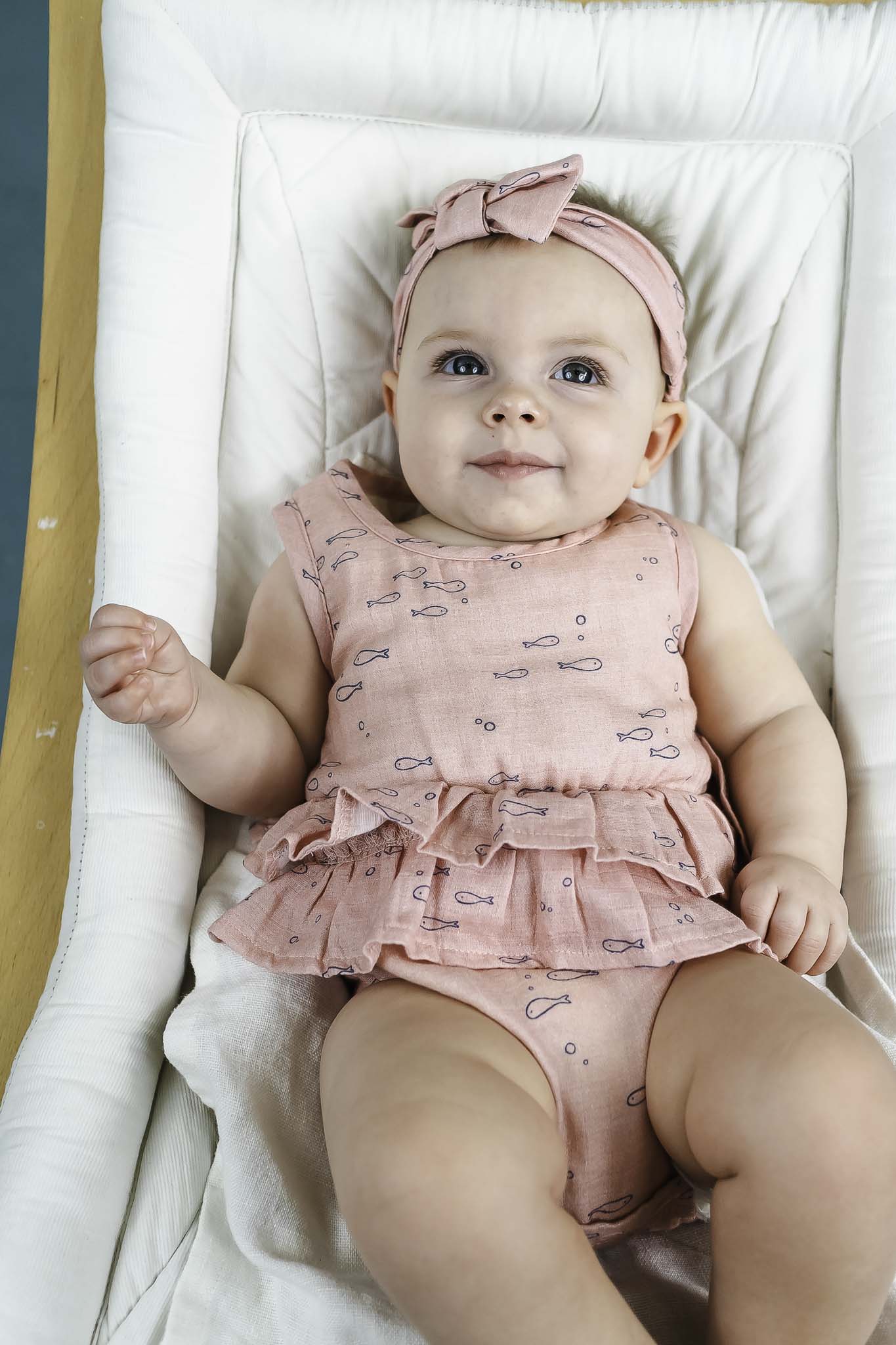 Dusty Pink Fishies Ruffle Romper for Baby Girls - Soft & Comfortable Outfit for Playdates, Photoshoots & Special Occasions