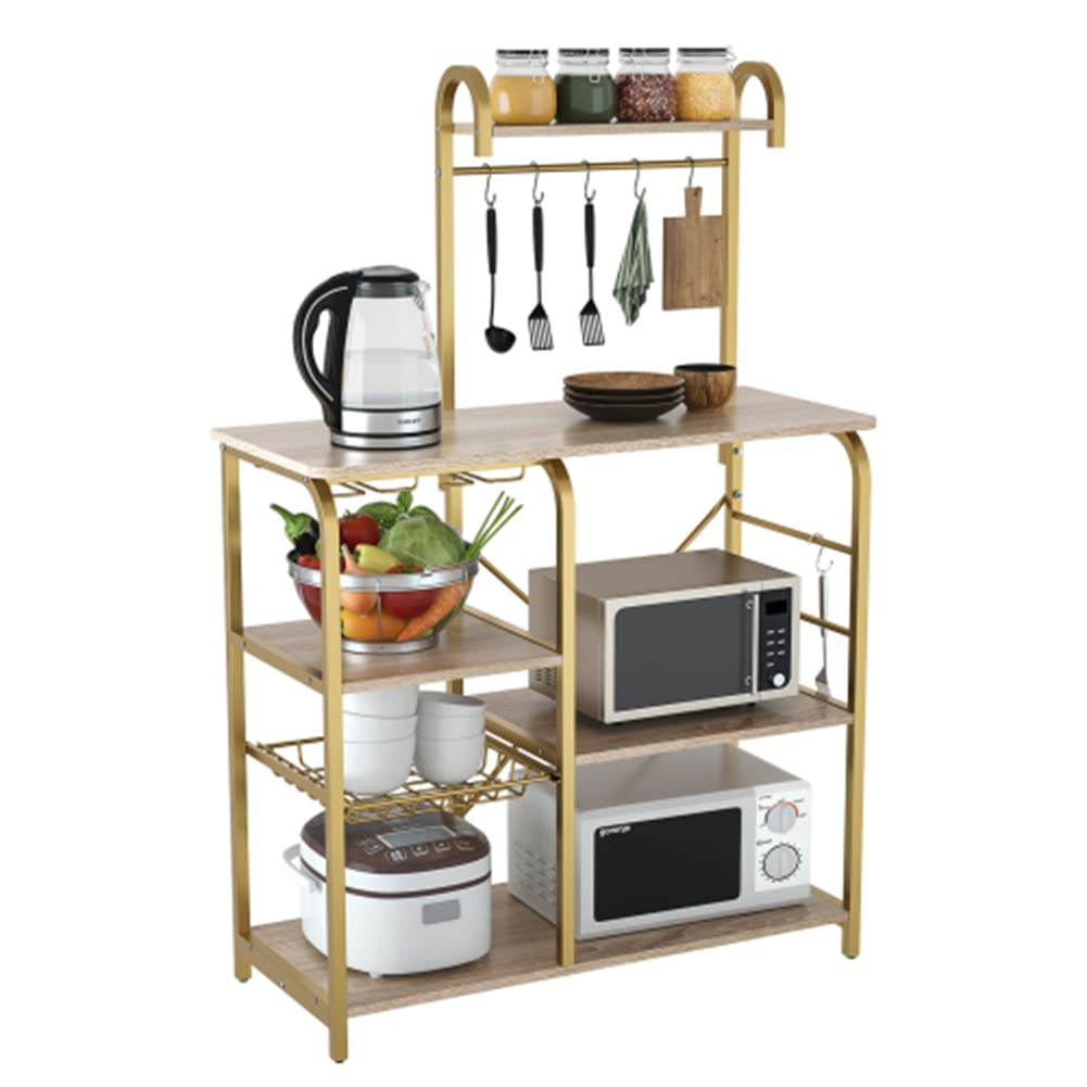 Vintage Baker's Rack with 6 Shelves & Pull-out Mesh Basket - Kitchen Microwave Cart, Coffee Station & Storage Organizer for Office, Bathroom - Includes 6 S-Shaped Hooks (Gold) | Perfect for Small Space Kitchen Organization & Home Decor