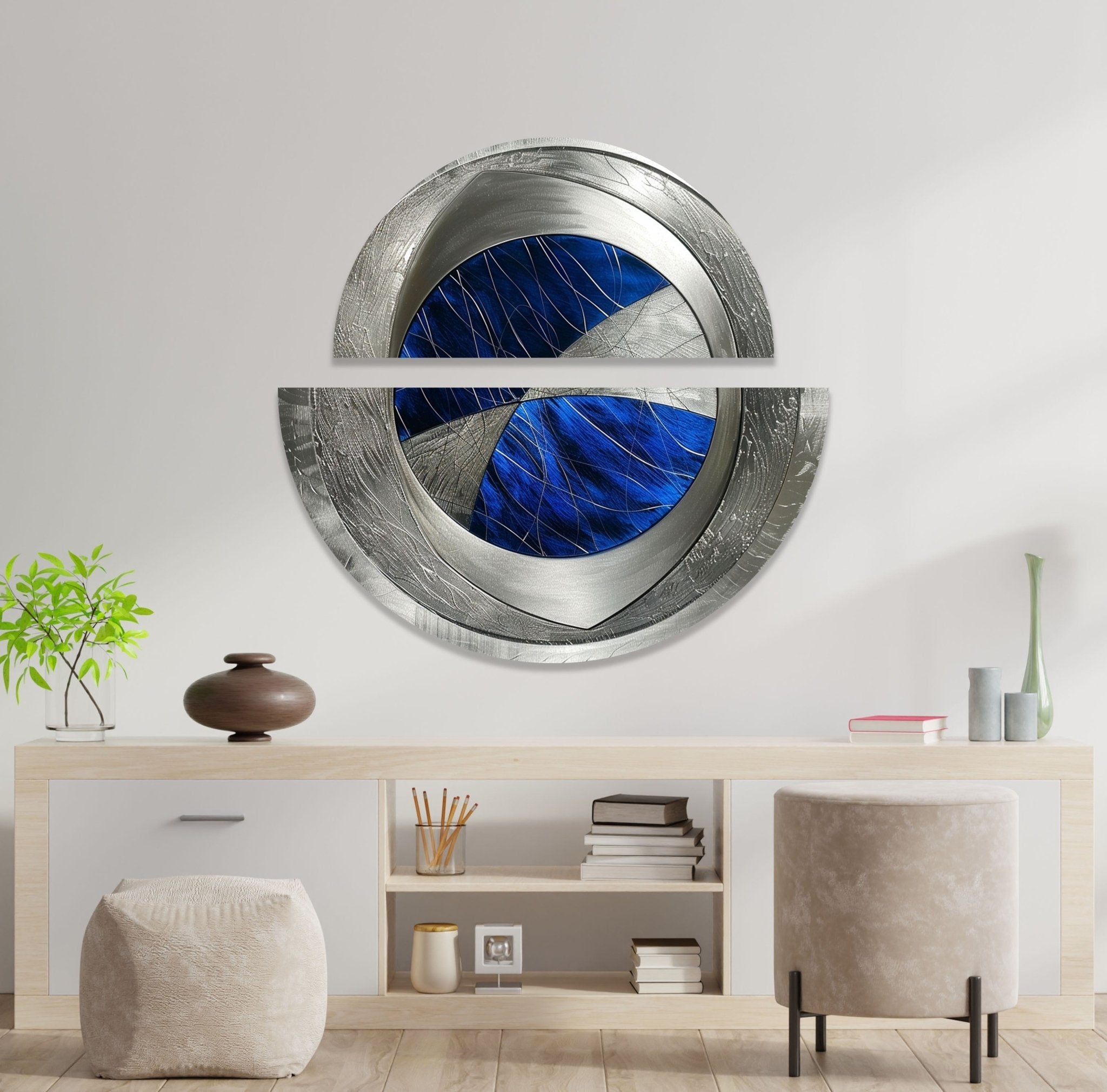 2 Piece Abstract Silver Blue Glass Wall Art Set - Modern Home Decor for Living Room, Bedroom, Office | Handmade Glass Wall Hangings for Unique Interior Design