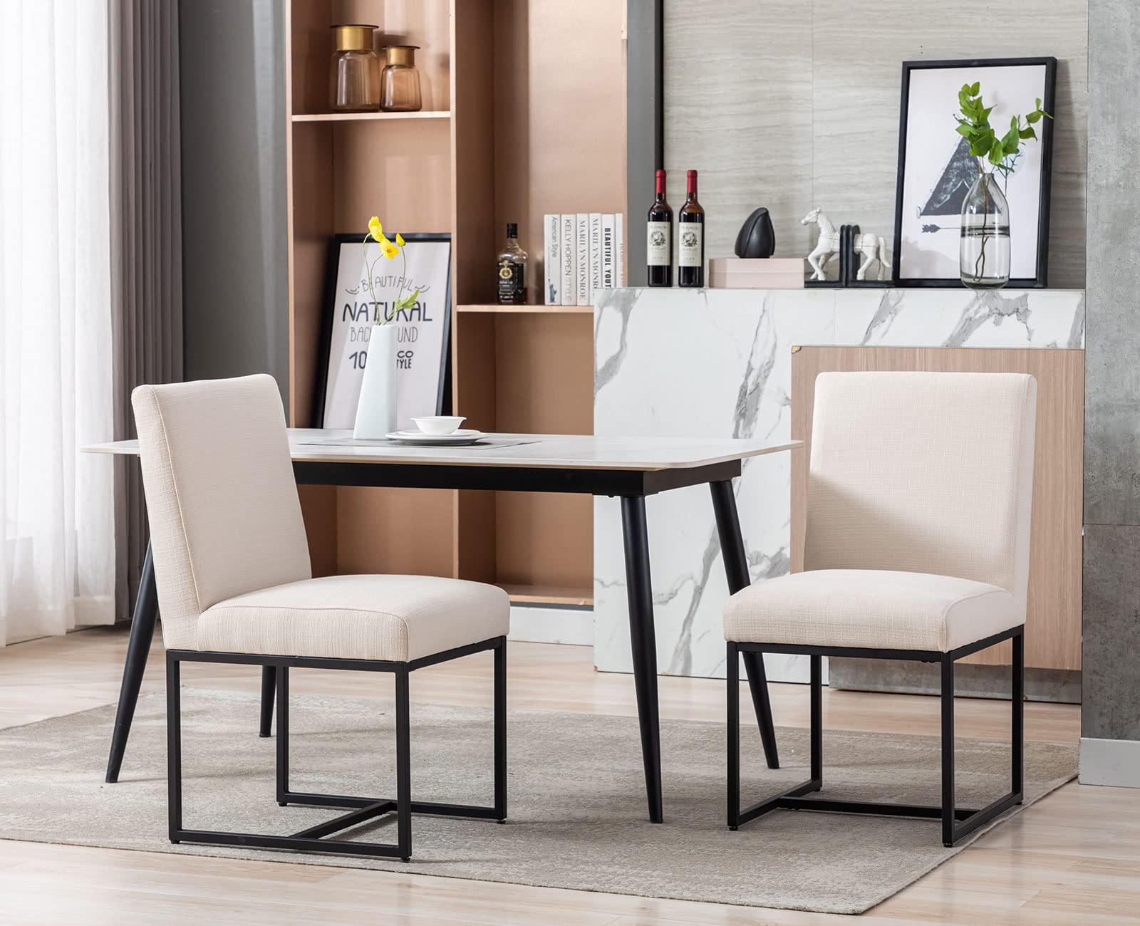 Shunzhi Modern Upholstered Dining Chairs Set of 2 - Black Metal Frame, Mid-Century Design, Linen Fabric Padded Seat, Comfortable Armless Side Chairs for Dining Room, Living Room & Bedroom - Cream (Perfect for Small Spaces & Contemporary Home Decor)