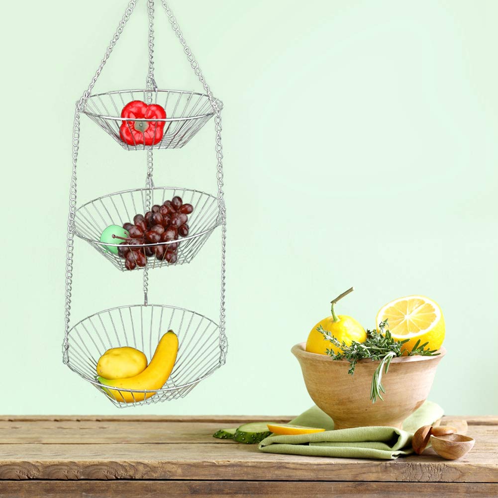 Jerliflyer 3-Tier Stainless Steel Hanging Kitchen Basket Organizer for Vegetables, Fruits, Flowers & Plants - Space-Saving Storage Solution for Pantry, Countertop, or Wall Mount