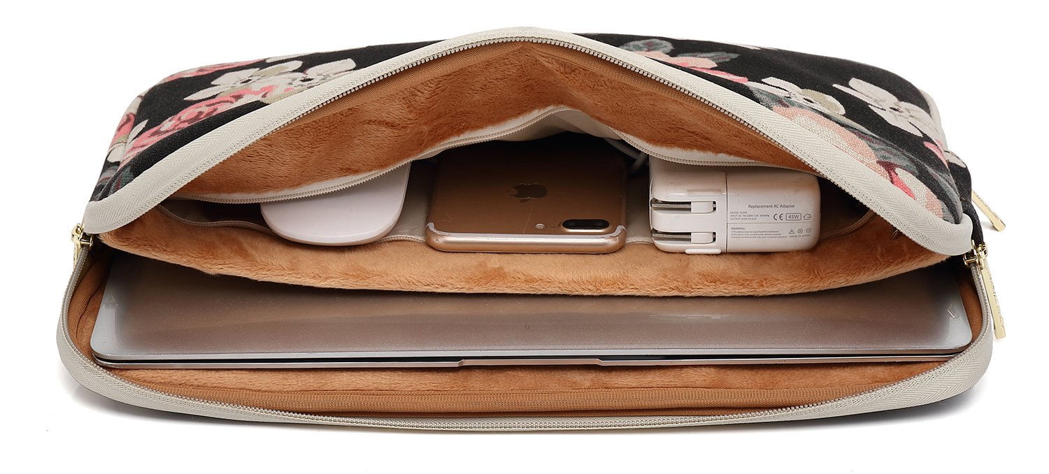 KAYOND 15.6 Inch Water-resistant Canvas Laptop Sleeve for MacBook Air/Pro 15.4, MacBook Pro 16 - Black Rose Pattern, Perfect for Work, Travel, and School