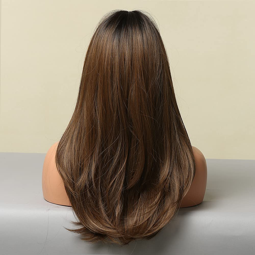 HAIRCUBE Brown Long Straight Layered Synthetic Wig with Bangs for Women - Heat Resistant Fiber, Natural Looking Everyday Wig for Cosplay, Parties & Daily Wear